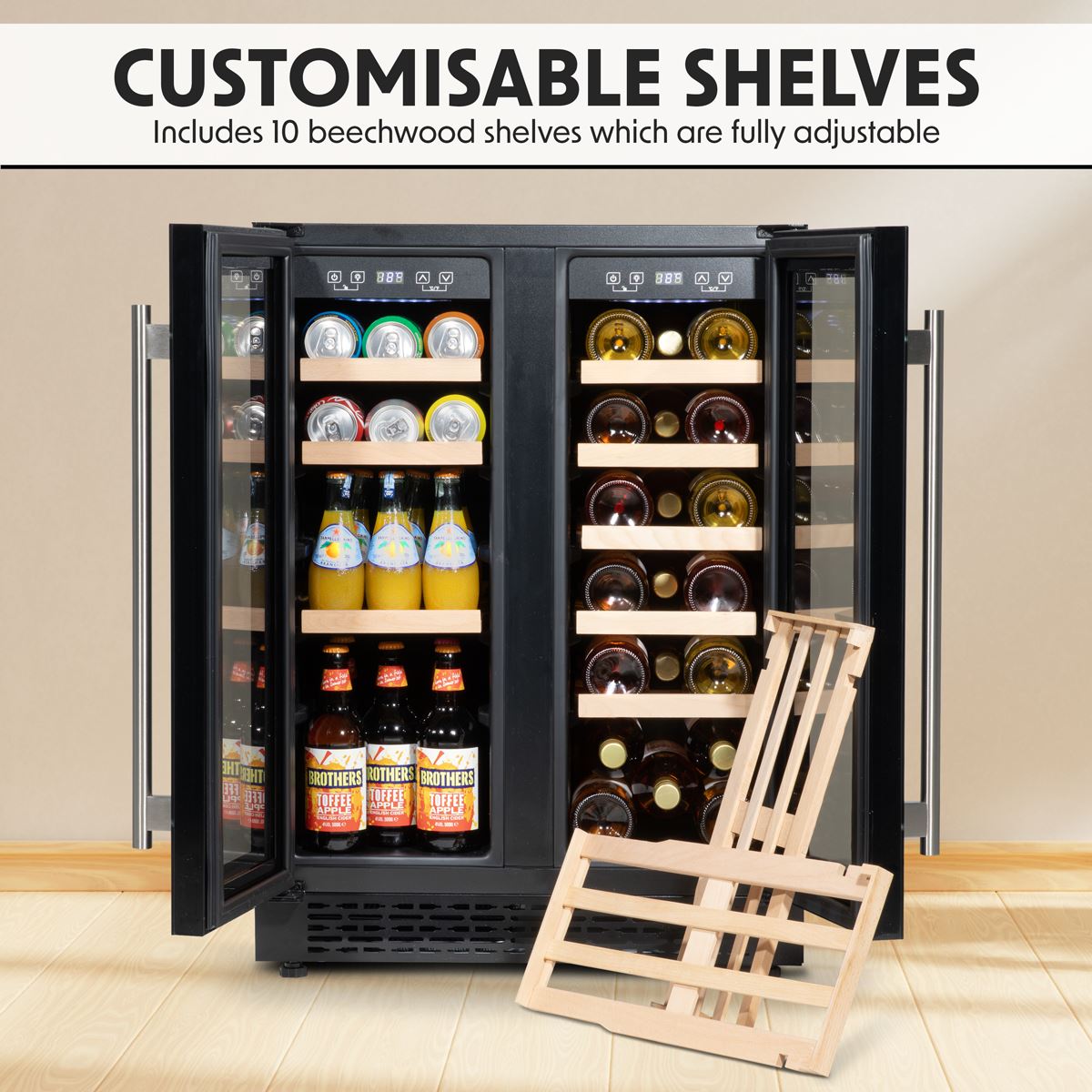 Baridi 60cm Dual Zone Wine Cooler and Drinks Fridge 40 Bottle/120 Can Built-In Under Counter/Freestanding Glass Fronted Bar Drinks Fridge Chiller