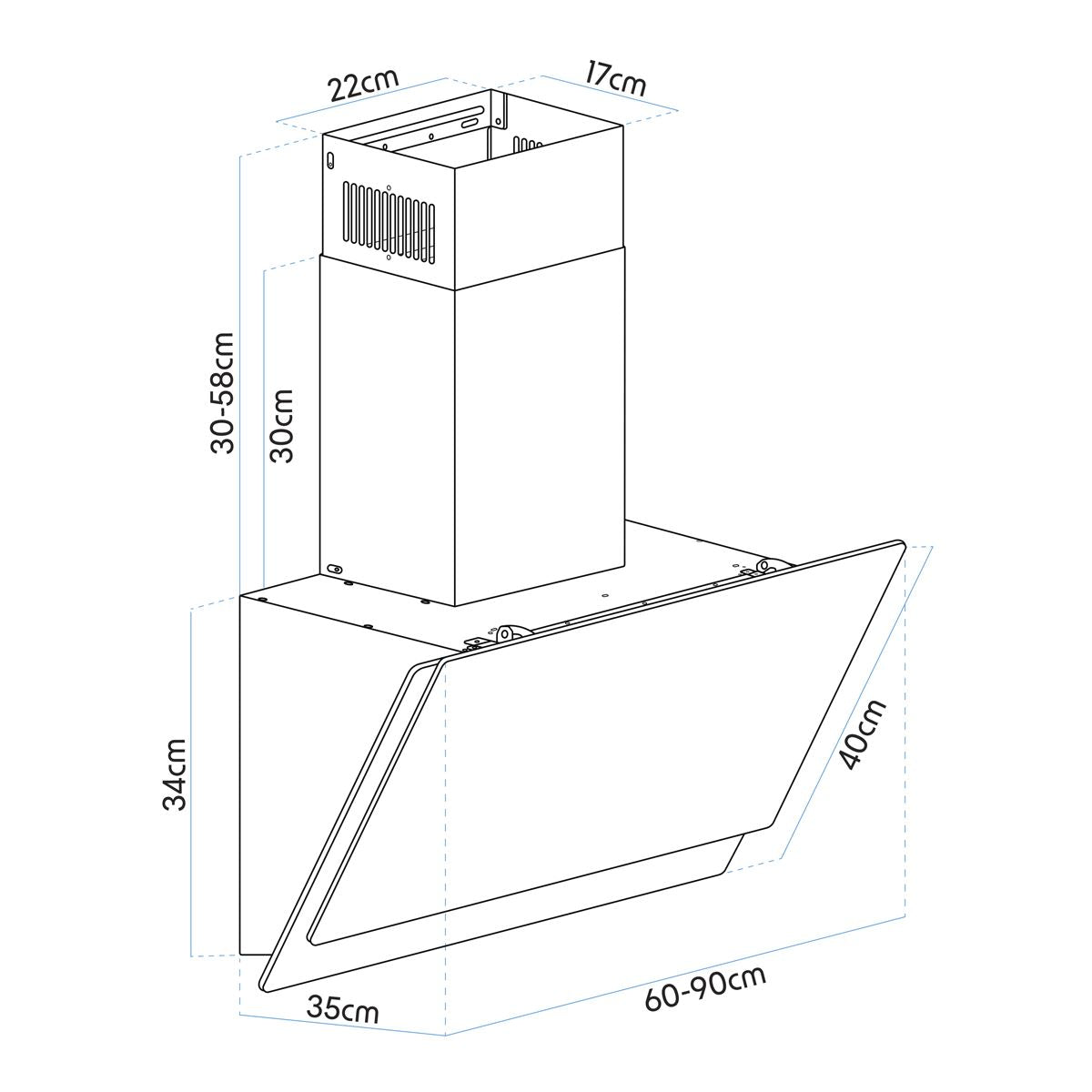 Baridi Angled Chimney Cooker Hood with Carbon Filters & LED Lamp 90cm, Energy Class A - Black Glass  White Rose Tools