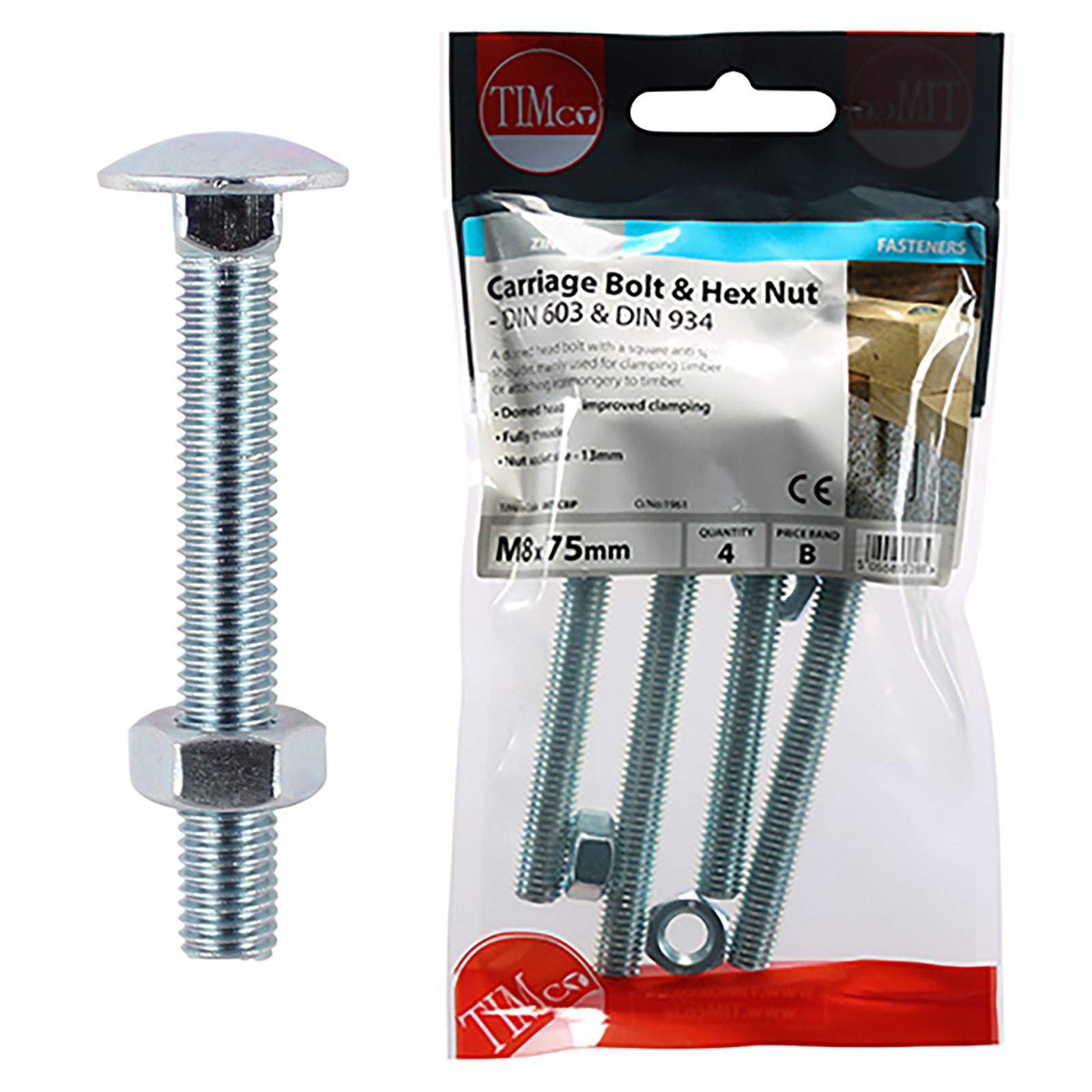 TIMCO Carriage Bolts with Hex Nuts 4.8 Grade Zinc Carbon Steel TIMpac M6-M12 - Choose Size