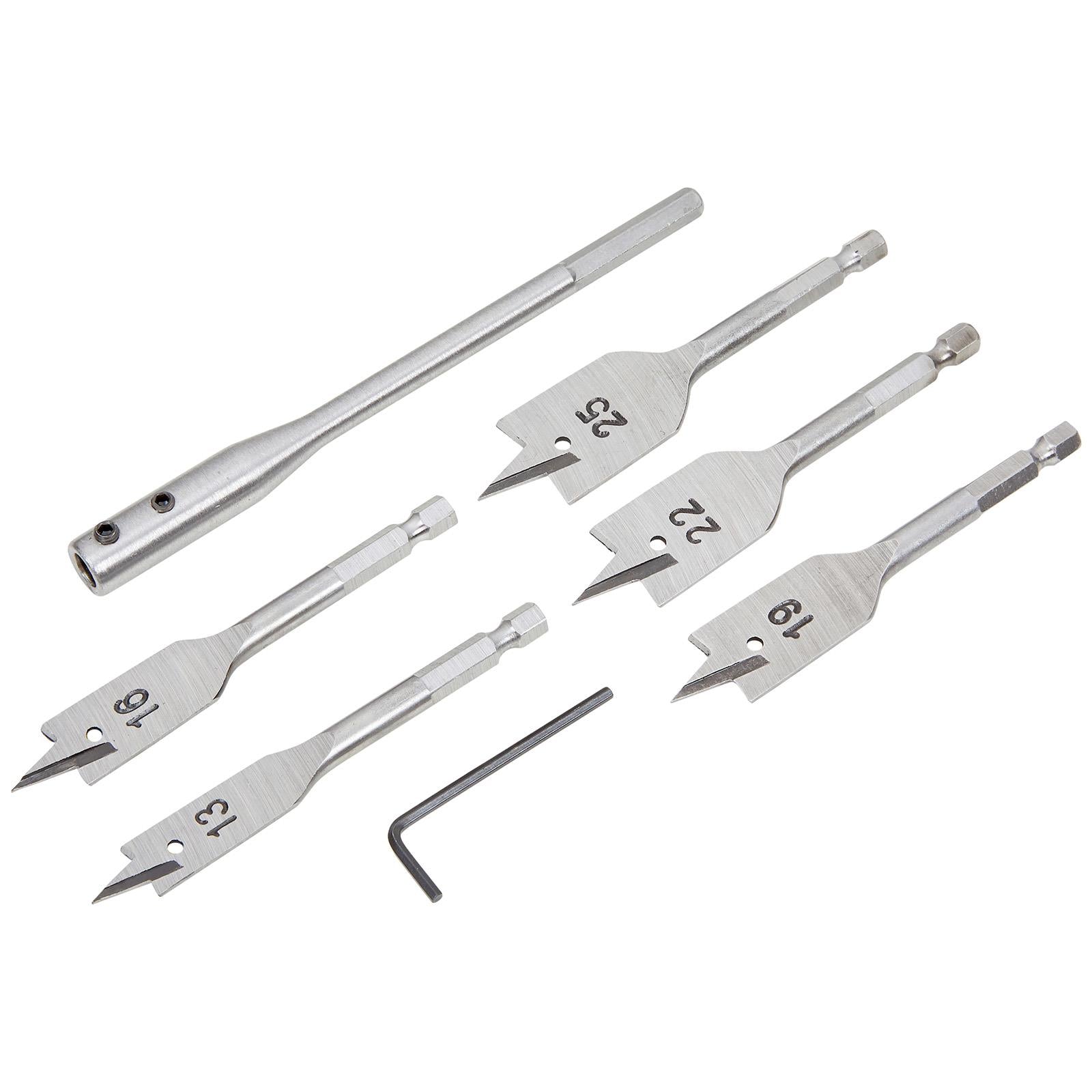 BlueSpot Stubby Flat Wood Drill Bit Set 7 Pieces 13-25mm Hex Shank 100mm Long  White Rose Tools
