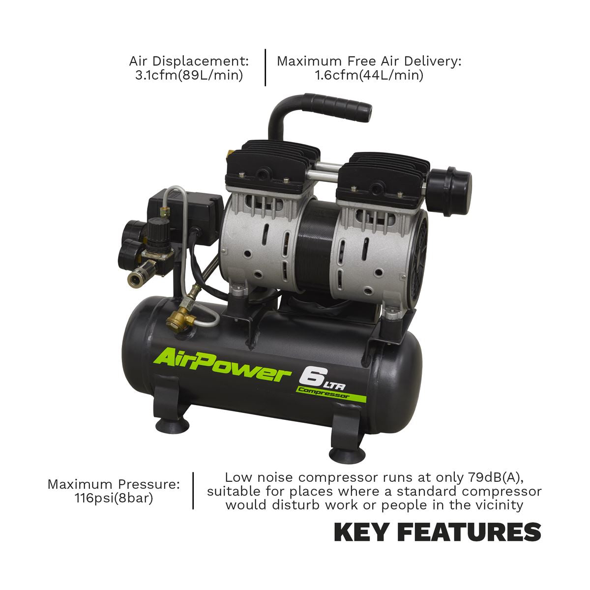 Sealey 6L Low Noise Direct Drive Air Compressor 0.7hp 