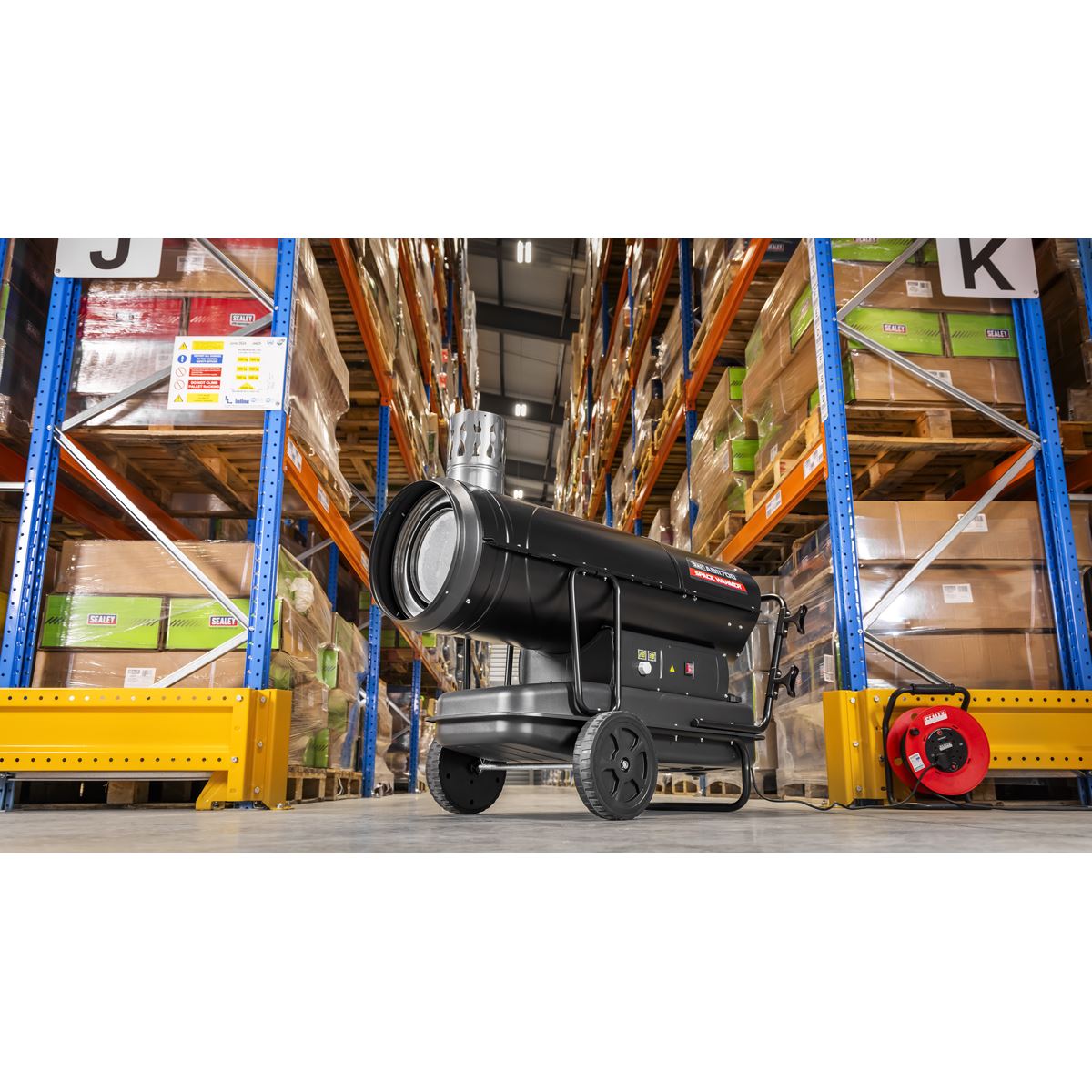 Sealey Space Warmer® Indirect Kerosene Diesel Heater with Wheels 170,000Btu/hr  White Rose Tools