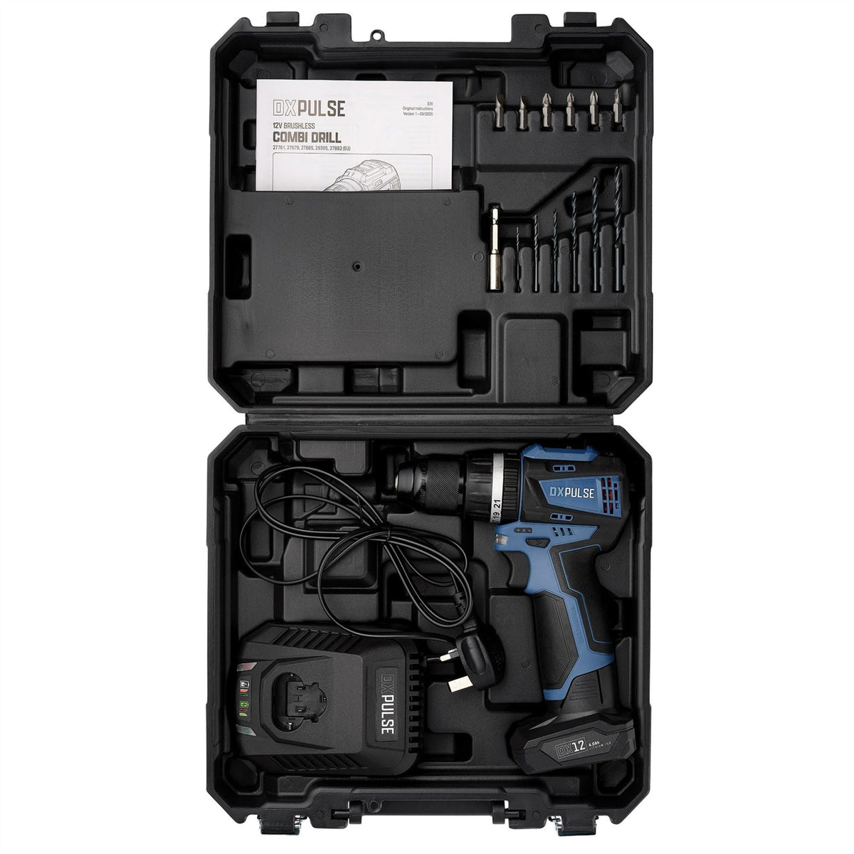 Draper DXPULSE 12V Brushless Combi Drill Kit 1 x 4.0Ah Battery 1 x Fast Charger 29395  White Rose Tools