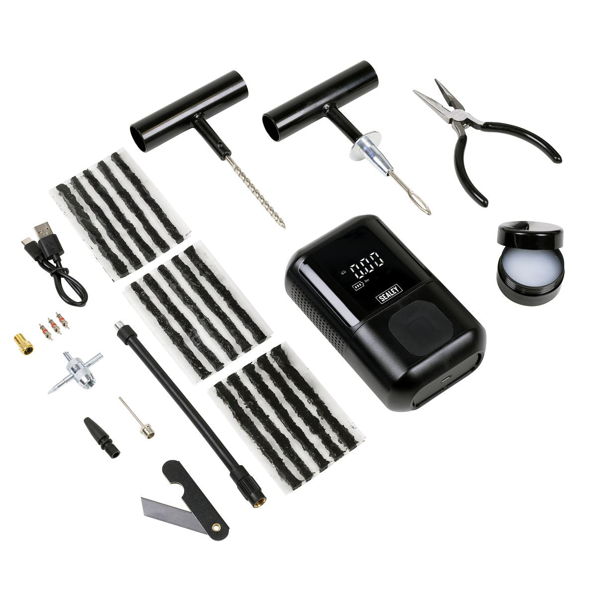 Sealey Temporary Puncture Repair Kit & Rechargeable Tyre Inflator  White Rose Tools