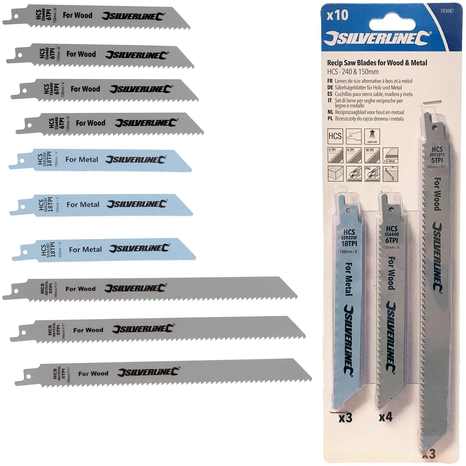 Silverline 10 Pack Recipro Saw Blade Set Sabre Metal Wood 150, 240mm