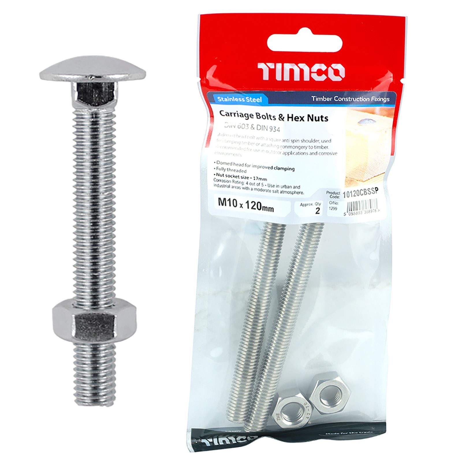 TIMCO Carriage Bolts with Hex Nuts A2 Austenitic Stainless Steel TIMpac M8-M12 - Choose Size