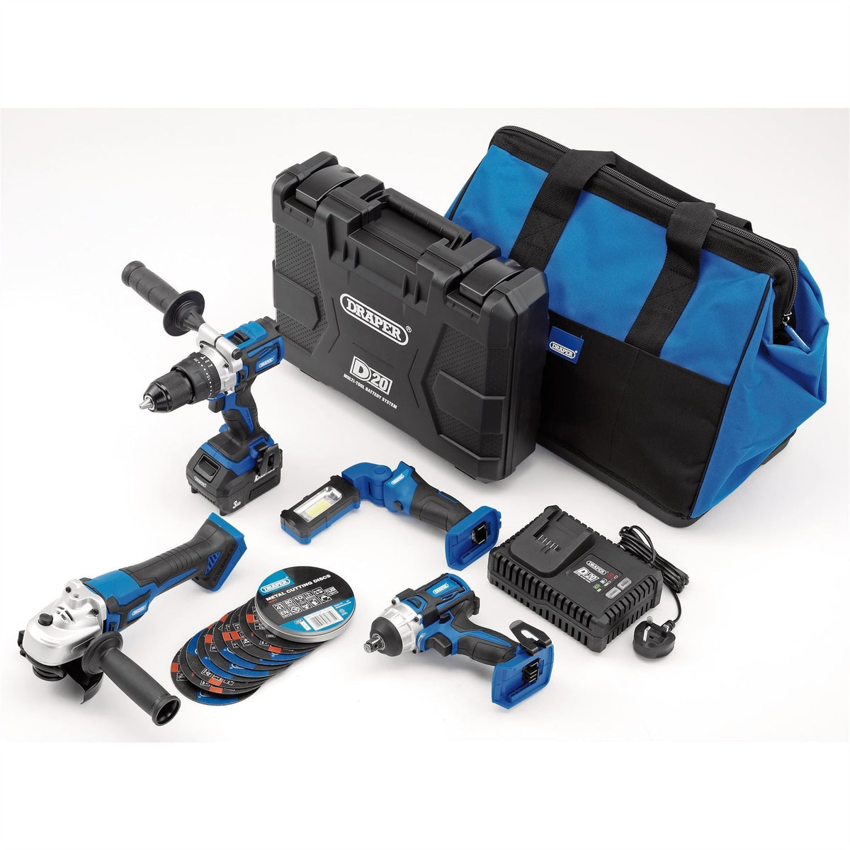 Draper D20 20V Workshop Kit 1 x 3.0Ah Battery 1 x 4.0Ah Battery 1 x Fast Charger (19 Piece) 90470  White Rose Tools