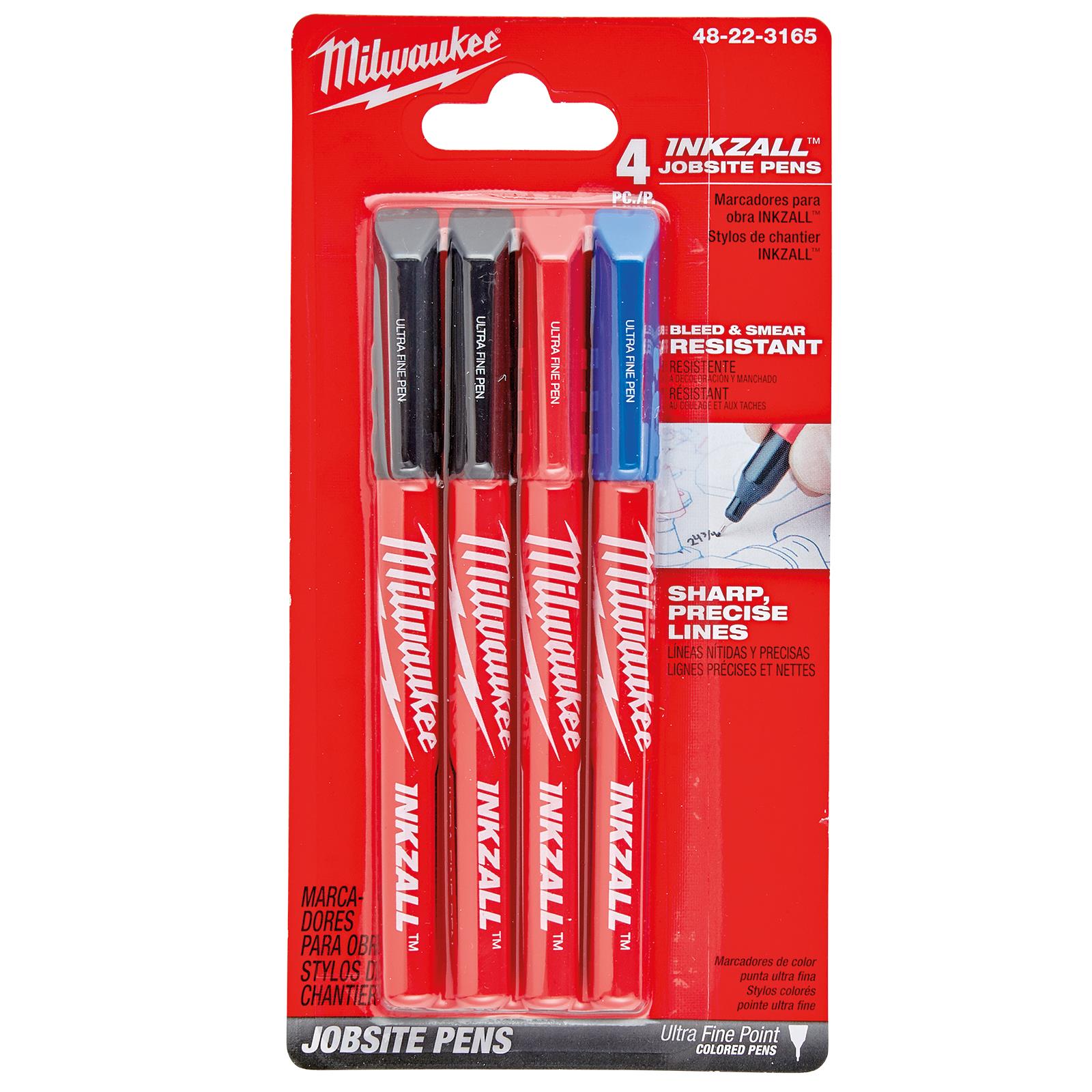 Milwaukee INKZALL Ultra Fine Tip Marker Pens 4 Pack Coloured 0.6mm Tip 