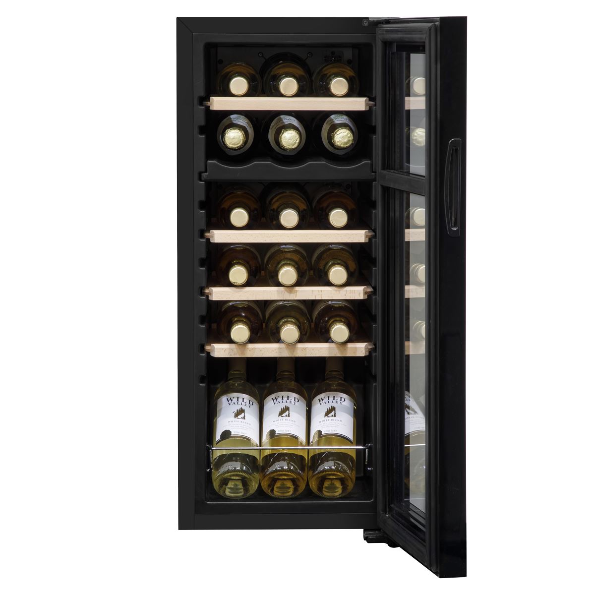 Baridi 18 Bottle Dual Zone Wine Cooler, Fridge with Digital Touchscreen Controls, Wooden Shelves & LED Light, Black