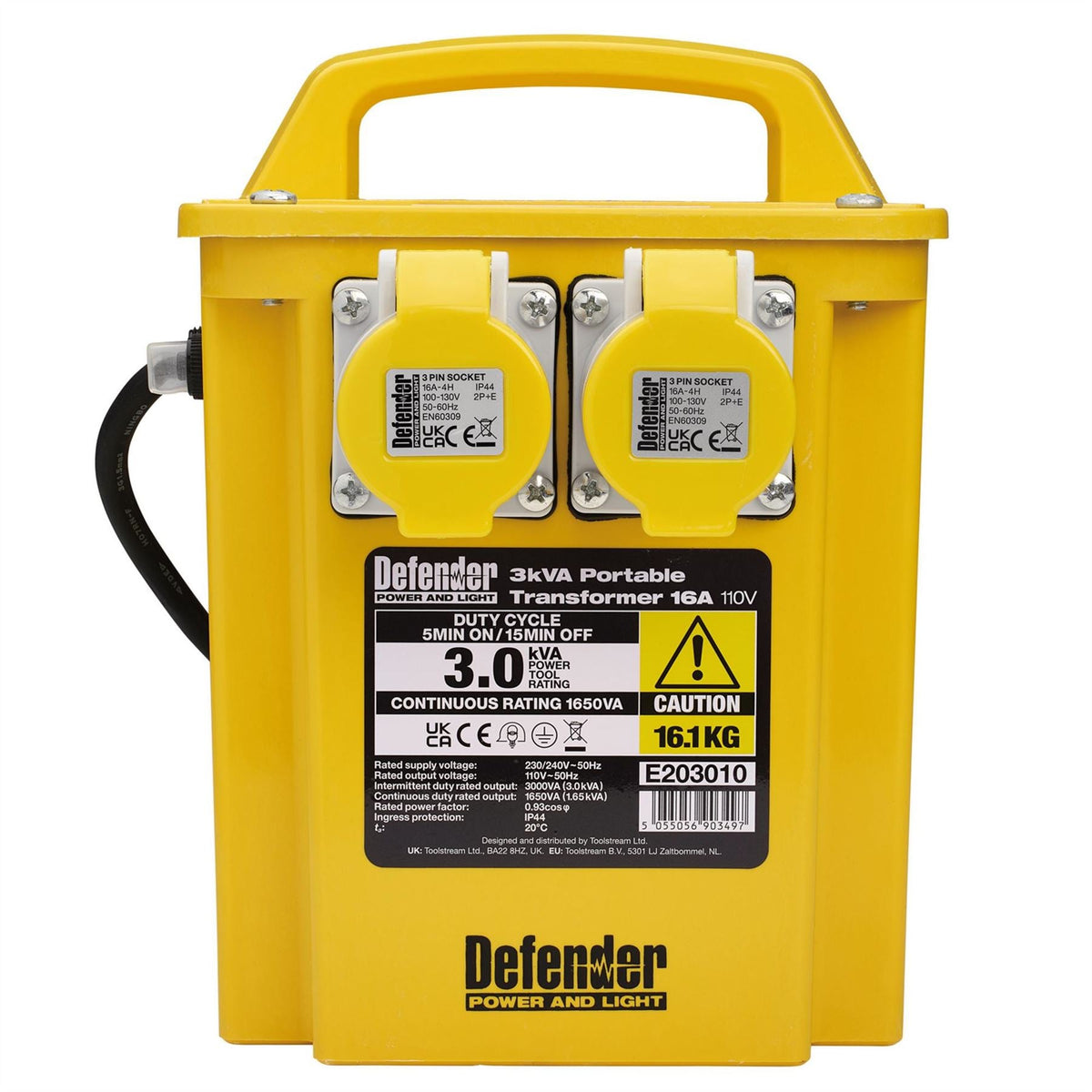 Defender E203010 110V 3kVA Portable Transformer 16A 35022  White Rose Tools