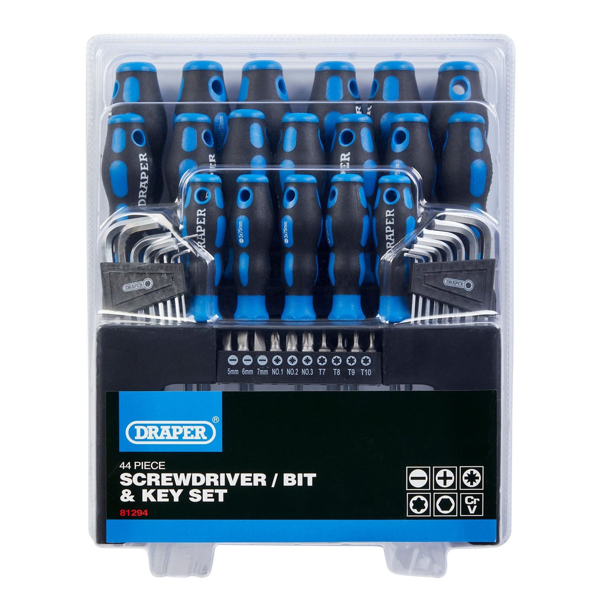 Draper Soft Grip Screwdriver Hex. Key and Bit Set (44 Piece) 81294  White Rose Tools