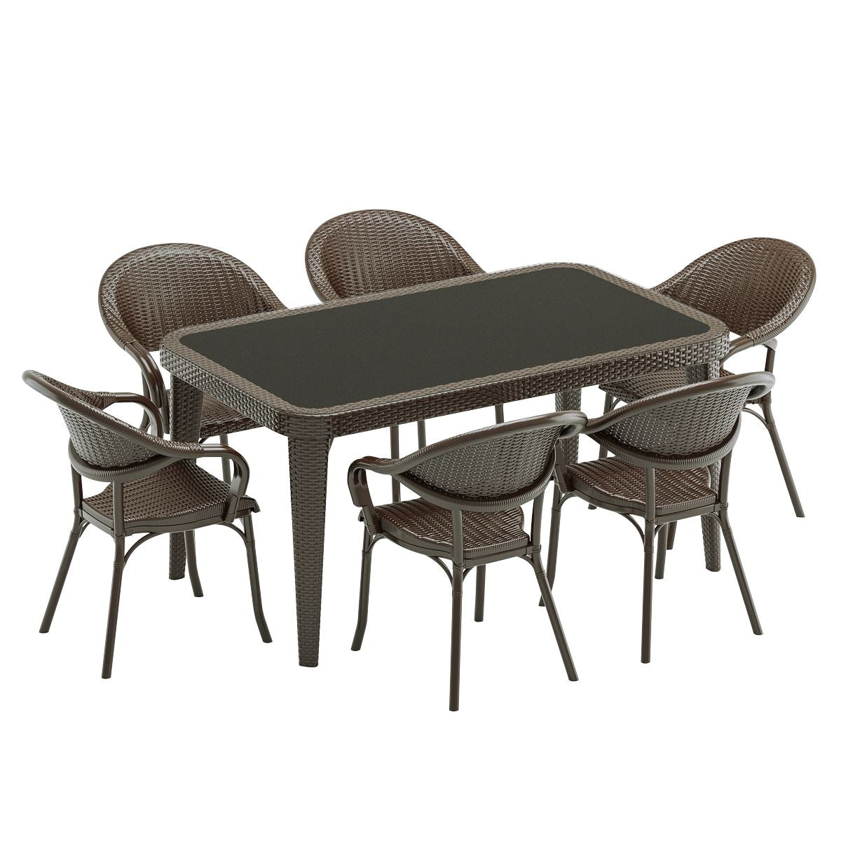 Dellonda 7-Piece Dining Set Weather-Resistant Polypropylene/Fibreglass,Tempered Glass Tabletop, Stackable Chairs - Wenge