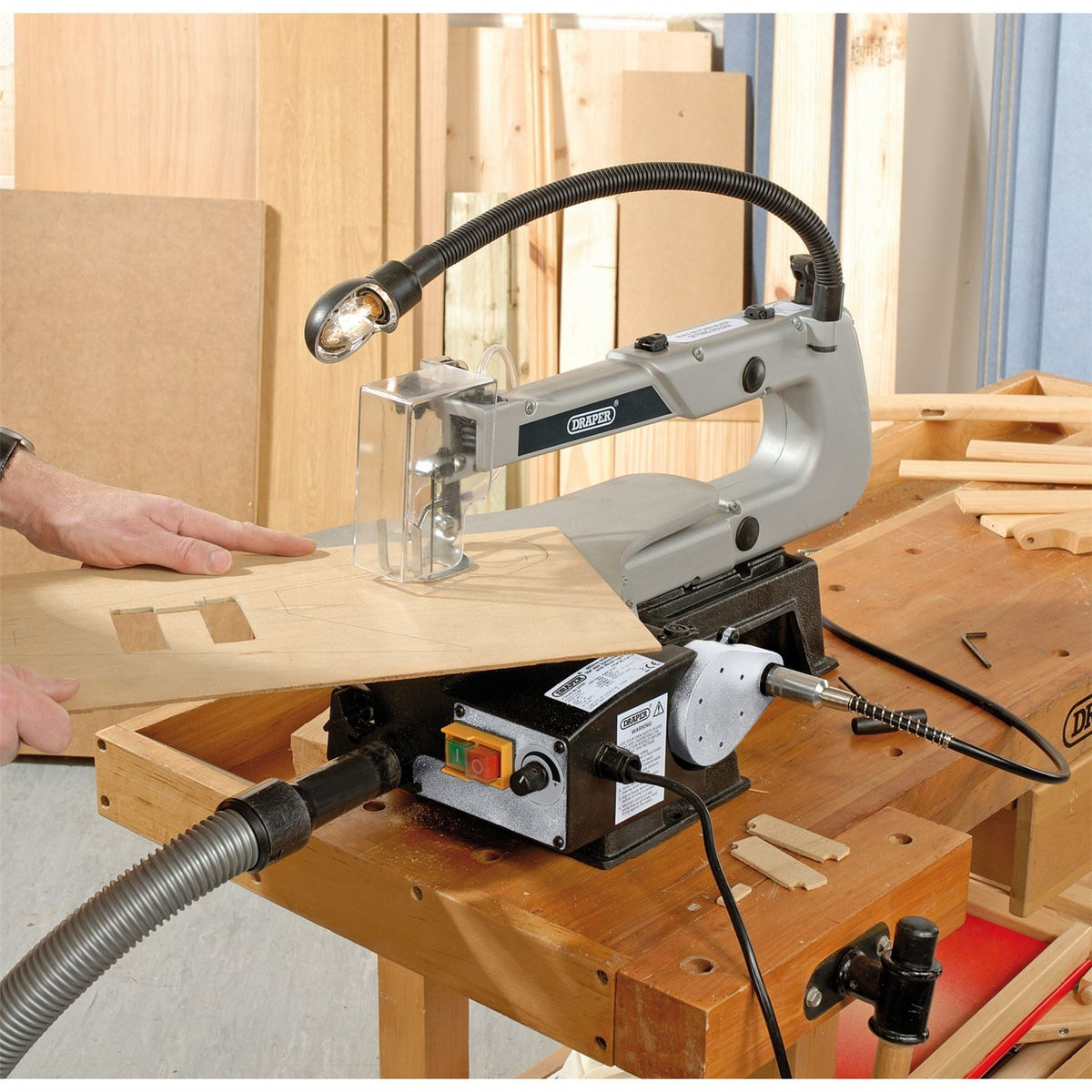 Draper Variable Speed Scroll Saw with Flexible Drive Shaft and Work light 405mm 90W 22791  White Rose Tools