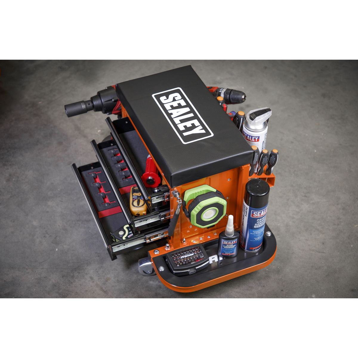 Sealey Mechanics Rolling Utility Seat and Toolbox with Drawers Orange 