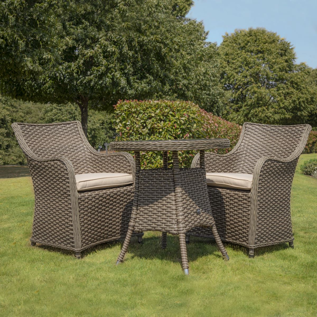 Dellonda Chester 3 Piece Rattan Wicker Outdoor Dining Set with Tempered Glass Table Top, Brown