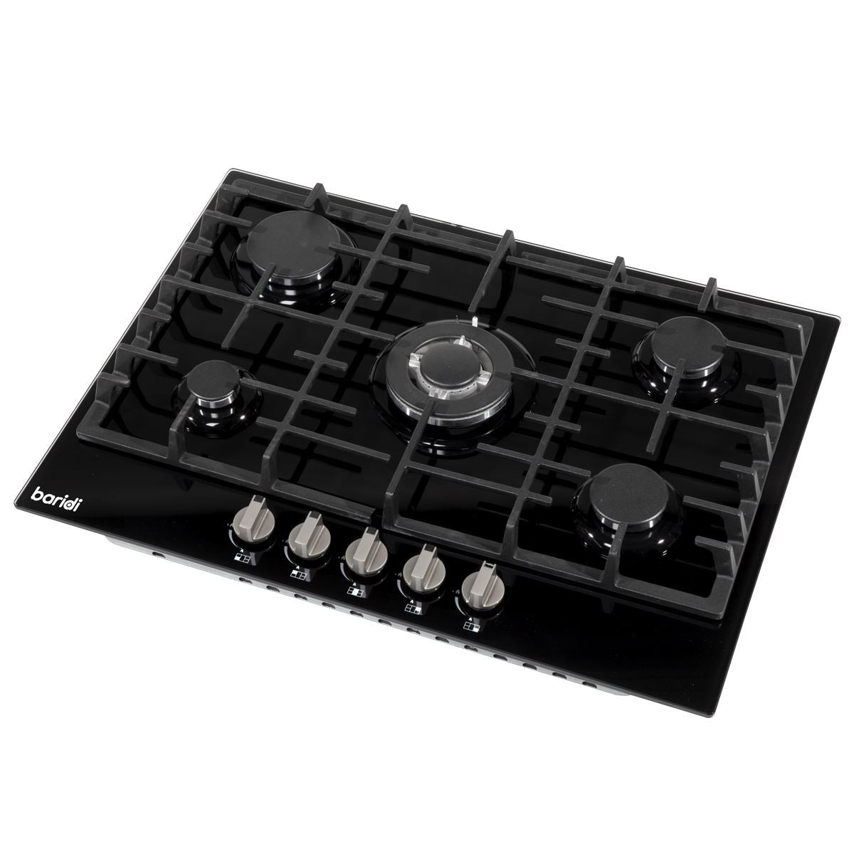 Baridi 70cm Gas on Glass Hob, 5 Burner and Cast Iron Pan Supports, Black Glass