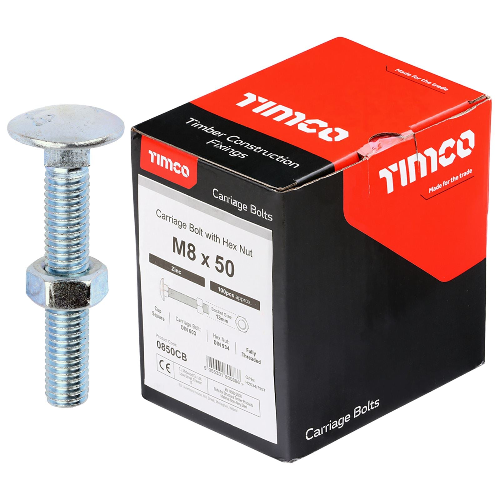 TIMCO Carriage Bolts with Hex Nuts 4.8 Grade Zinc Carbon Steel Boxed M6-M16 - Choose Size