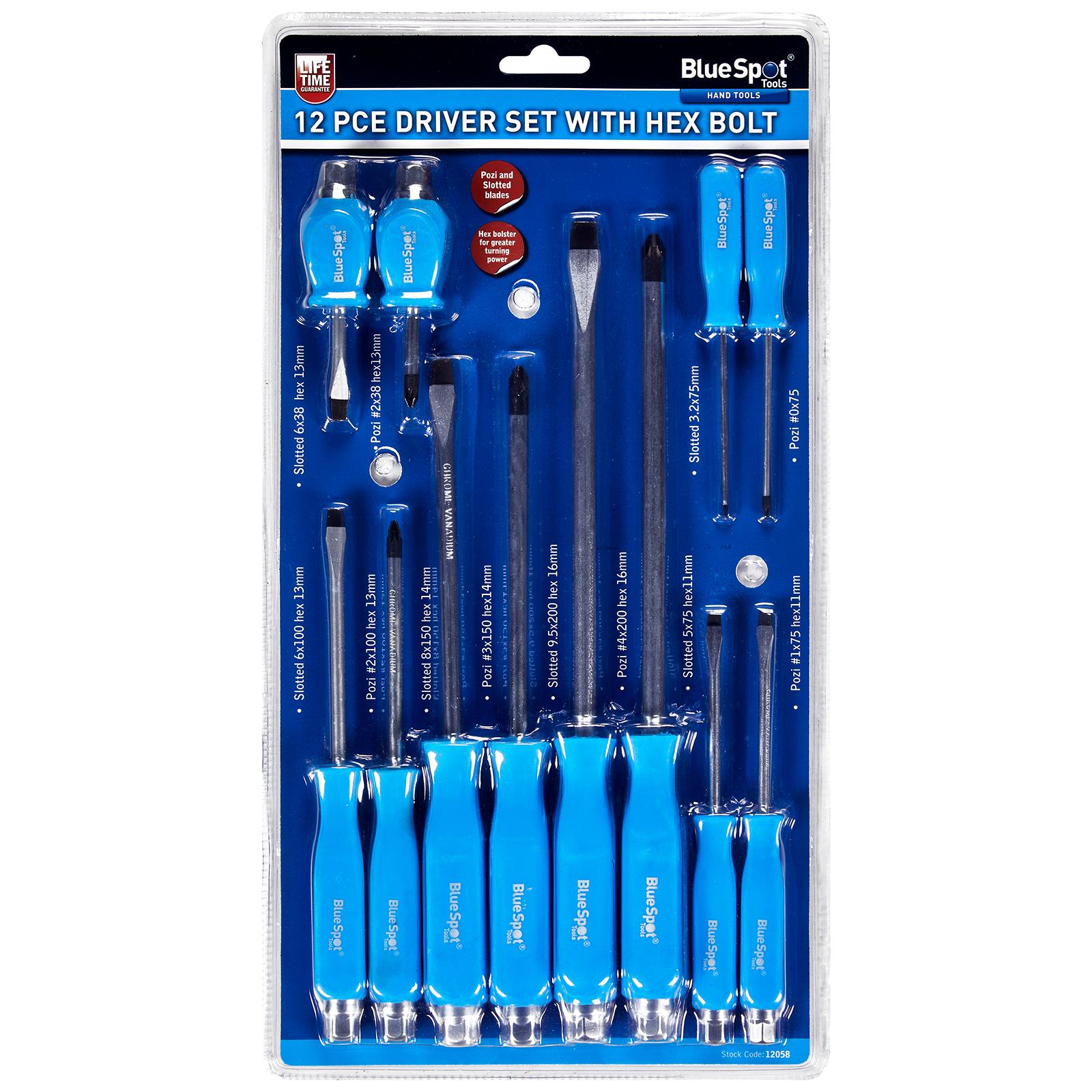BlueSpot Screwdriver Set with Hex Bolster 12 Piece Magnetic Tips