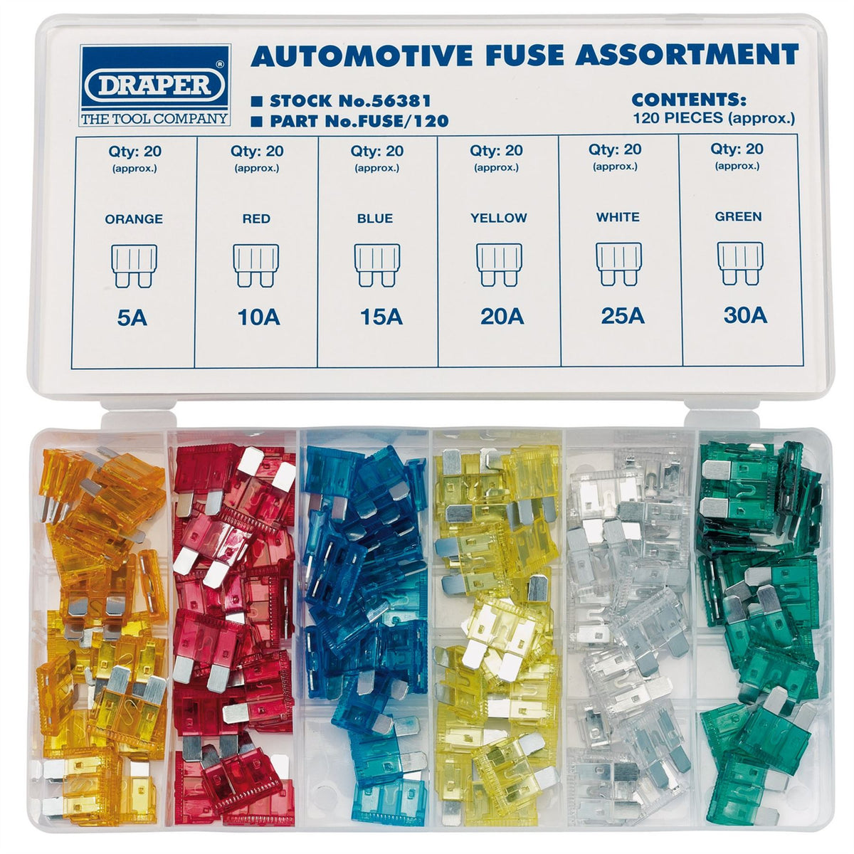 Draper Standard Automotive Plug-In Fuse Assortment (120 Piece) 56381  White Rose Tools