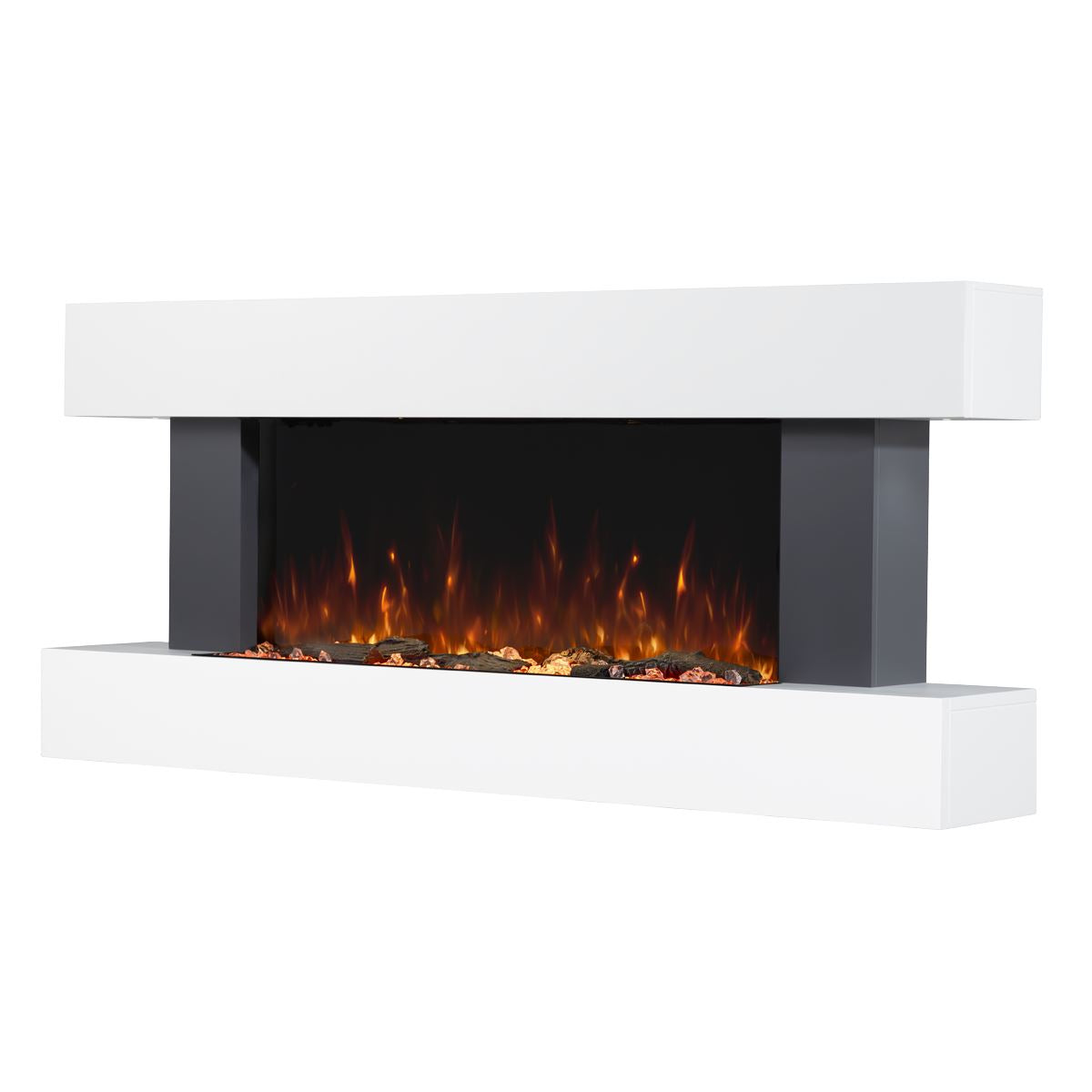 Baridi 46” Wall Mounting 1000W/2000W Electric Fireplace with LED Flame Effects, Side Glass Decoration and Pebble Accessories, Grey