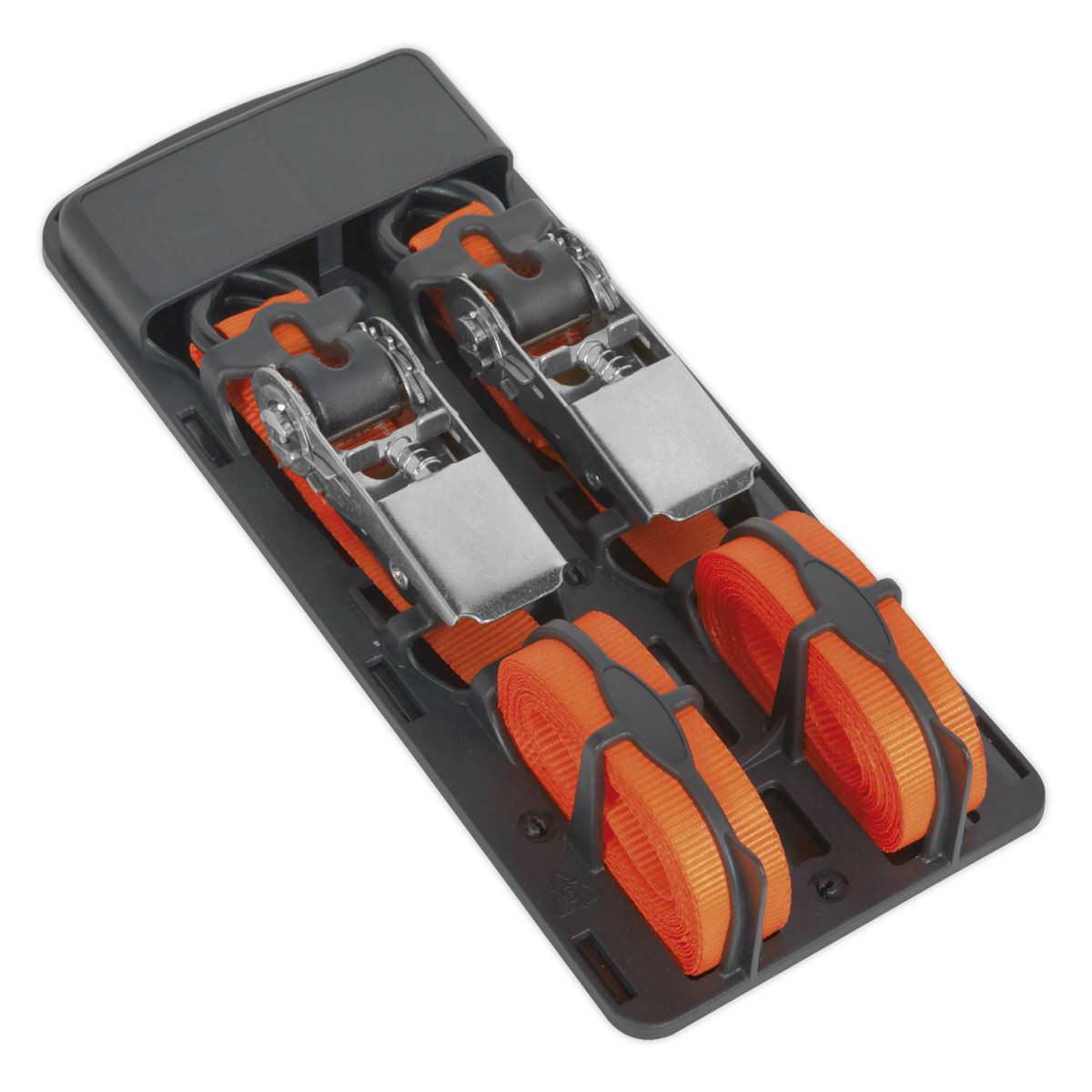 Sealey Ratchet Straps 25mm x 4m Polyester Webbing with S-Hooks 500kg Breaking Strength - Pair 