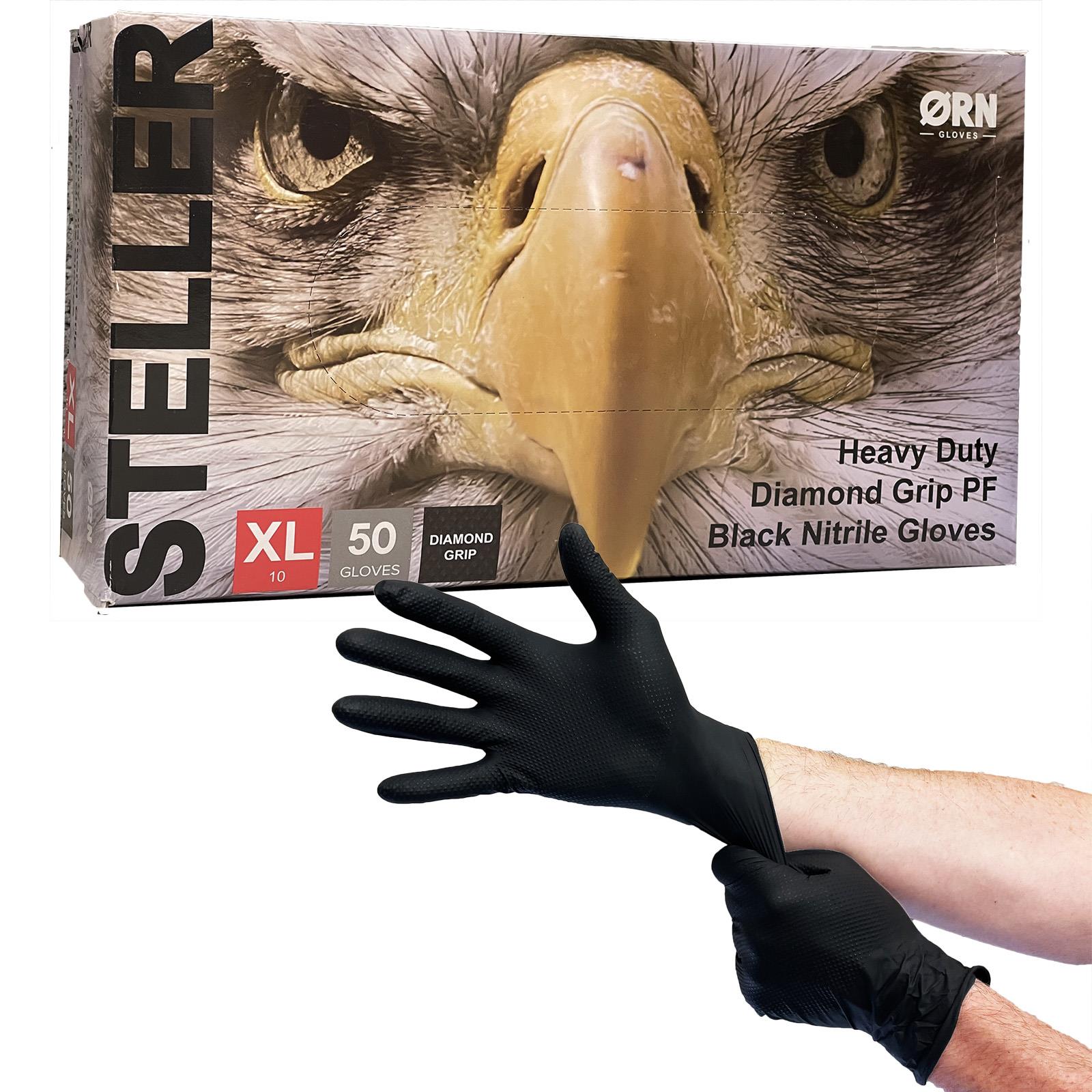 ORN Nitrile Disposable Gloves Steller Diamond Grip Black Powder Latex Free 50 Box -Choose Size