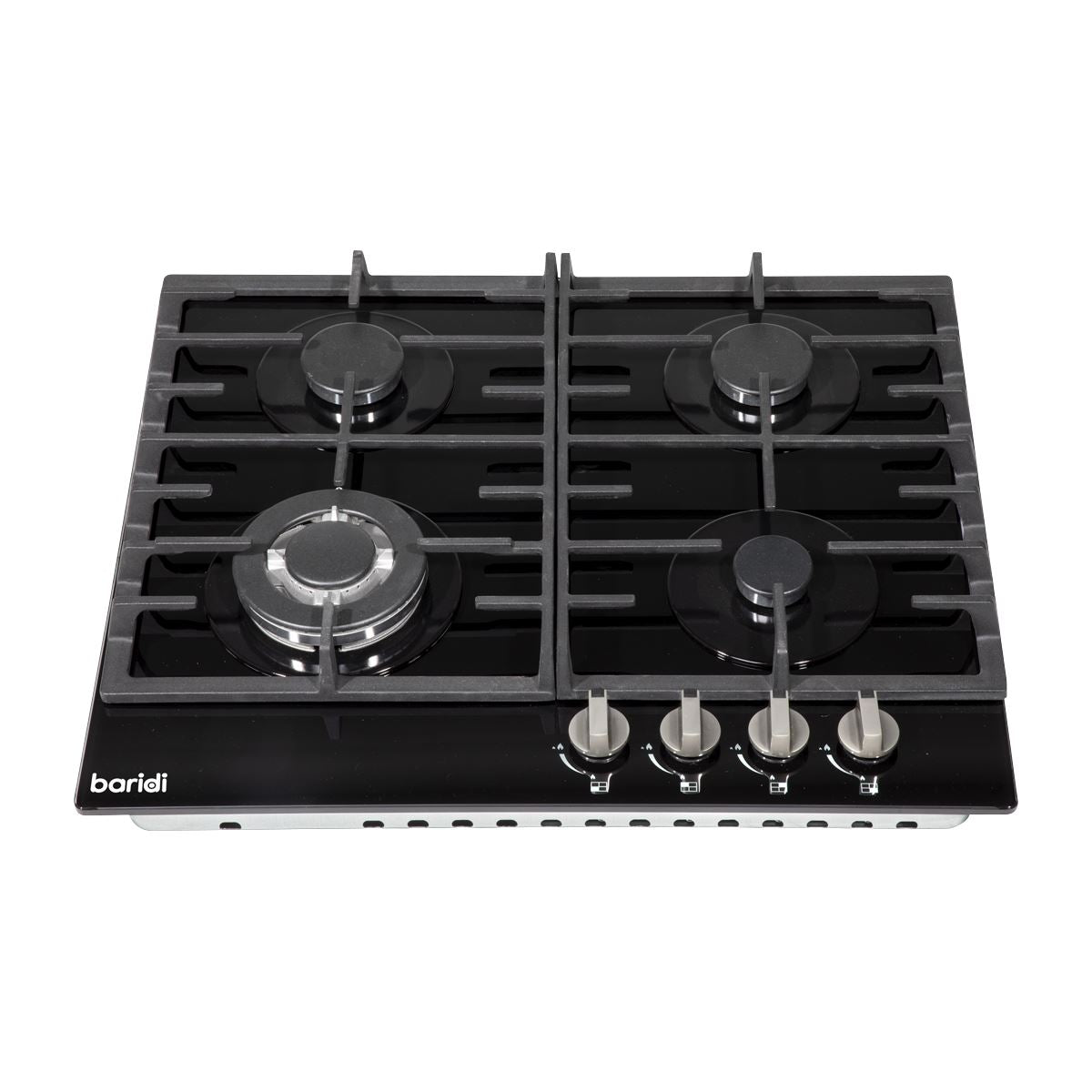 Baridi 60cm Gas on Glass Hob, 4 Burner and Cast Iron Pan Supports, Black Glass