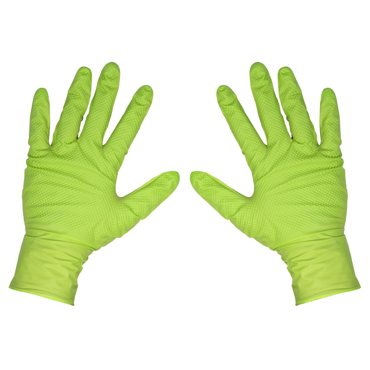 Sealey Diamond Grip Extra-Thick Nitrile Powder-Free Gloves, Hi-Vis Green, Large - Pack of 50  White Rose Tools