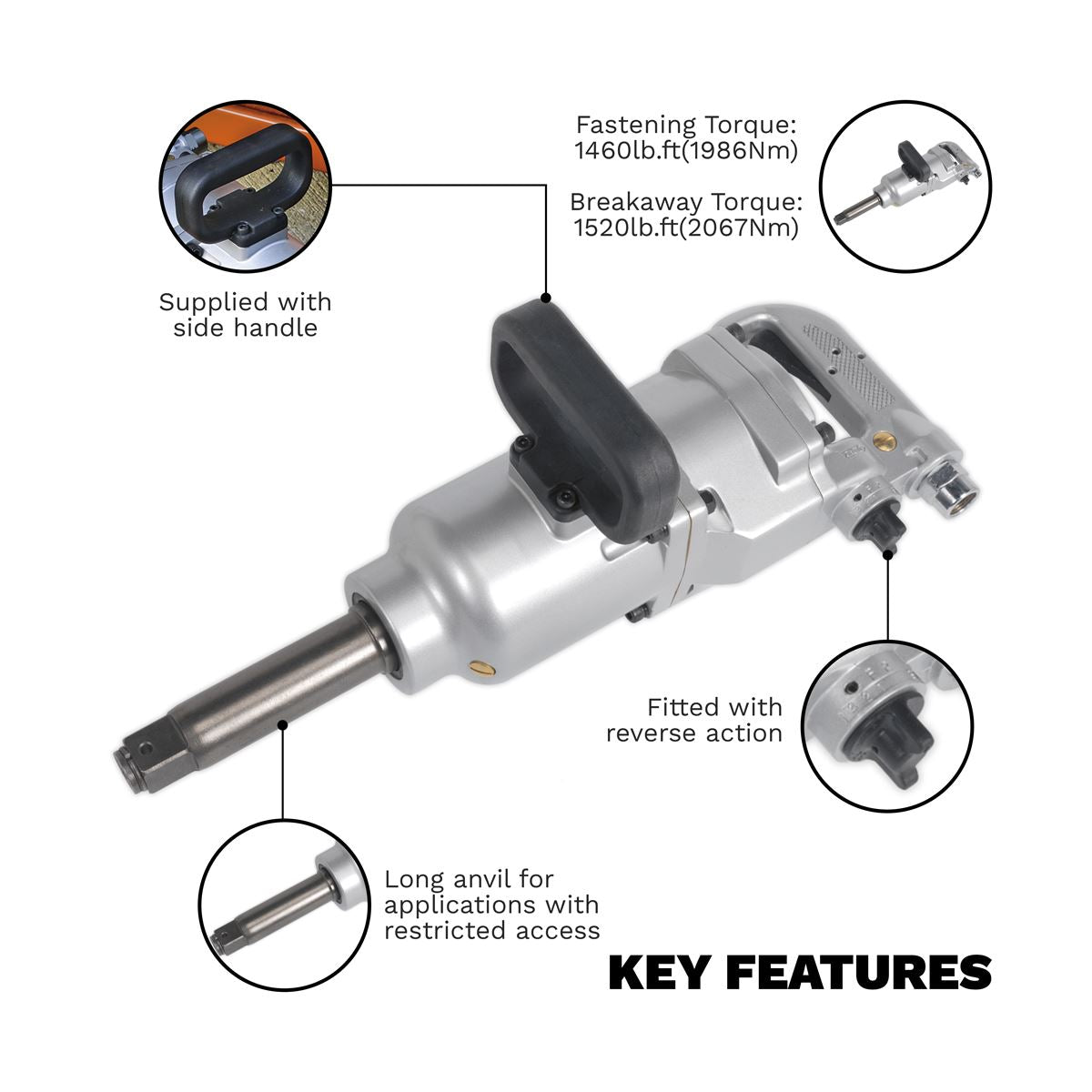 Sealey Air Impact Wrench 1"Sq Drive Straight Long Anvil