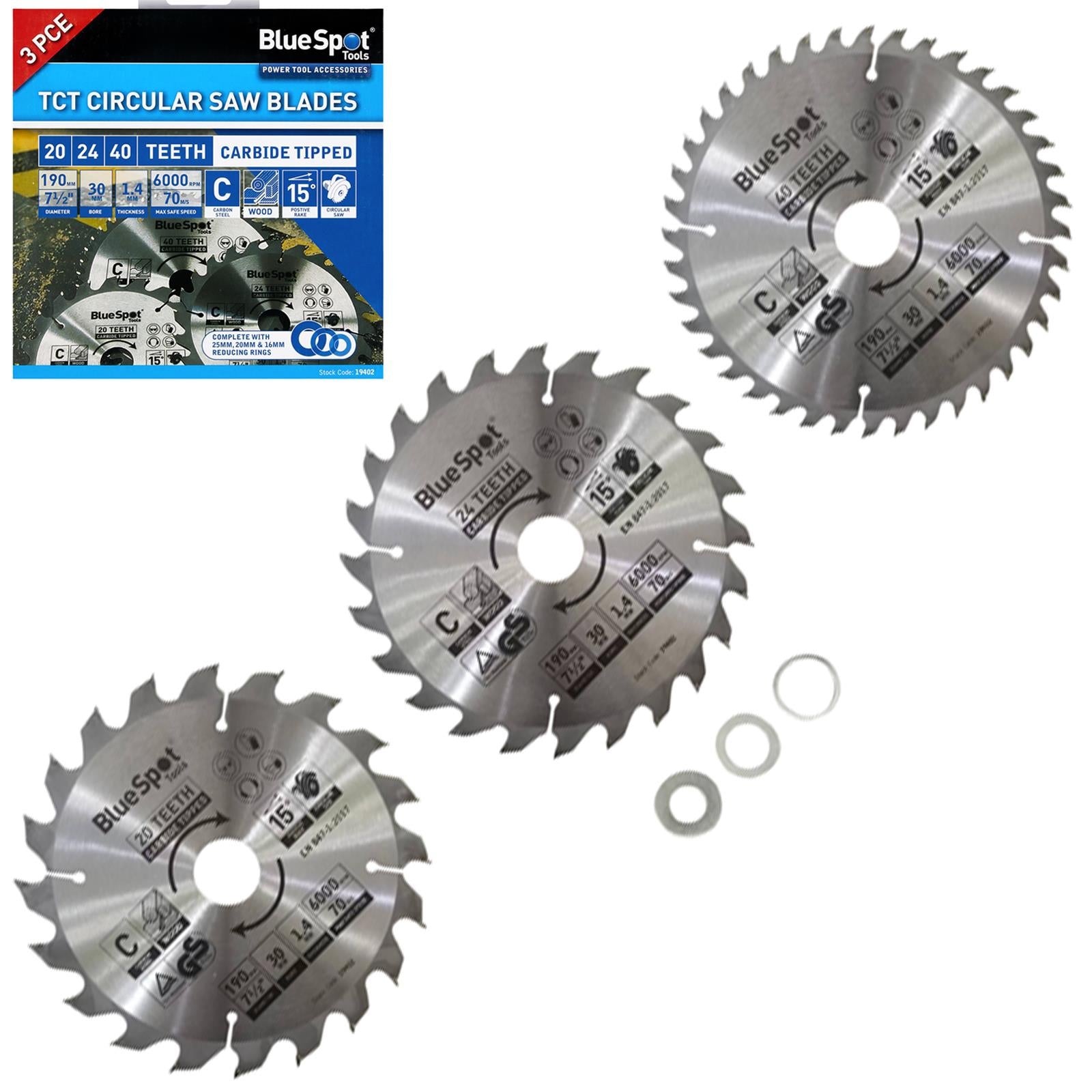 BlueSpot TCT Circular Saw Blades 20 24 40 Teeth 190mm x 30mm 3 Piece