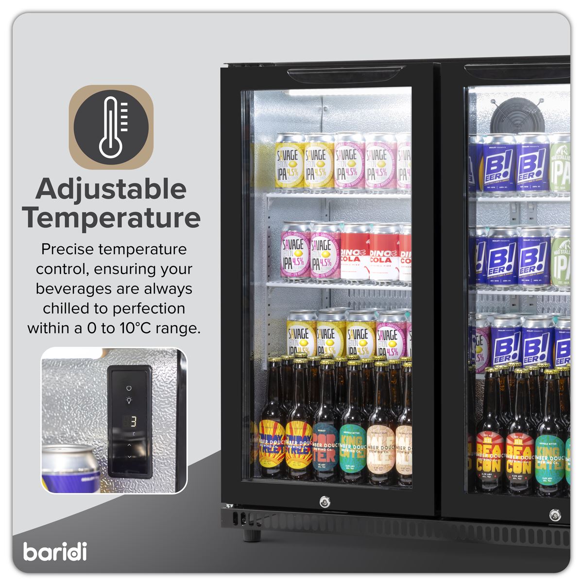 Baridi Hinged Double Door, Back Bar Drinks Fridge/Cooler, 190L Capacity