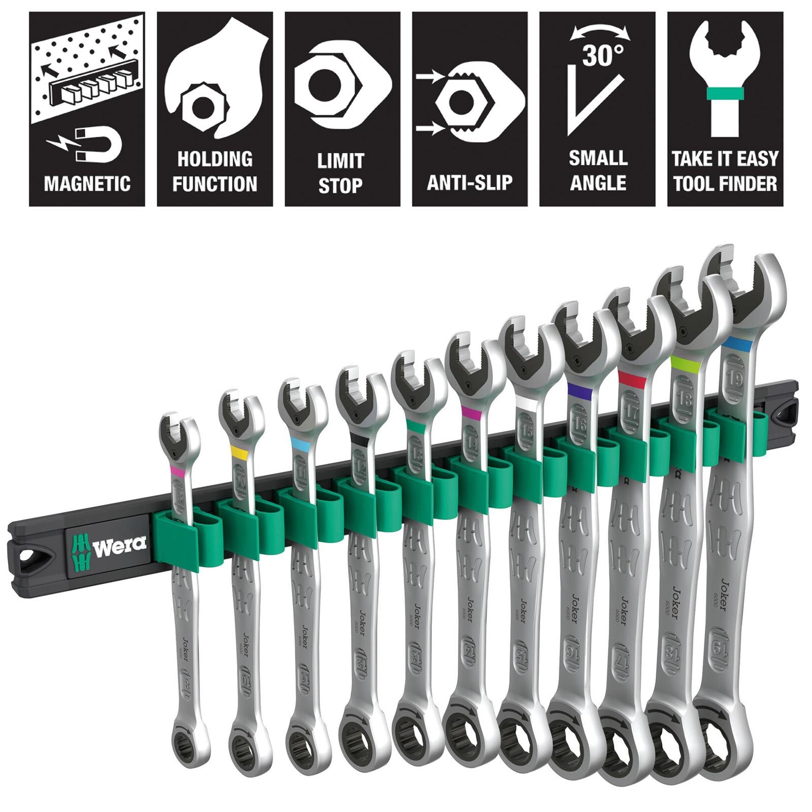 Wera Ratchet Combination Spanner Wrench Set 6000 Joker 1 9630 Magnetic Rail 11 Pieces 8-19mm
