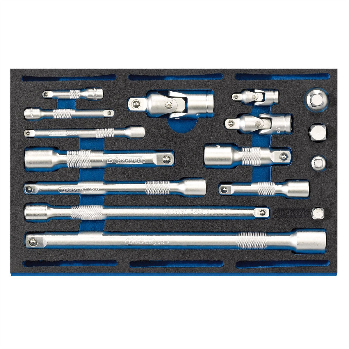 Draper Extension Bar Universal Joints and Socket Convertor Set 1/4 Drawer EVA Insert Tray (16 Piece) 63530  White Rose Tools