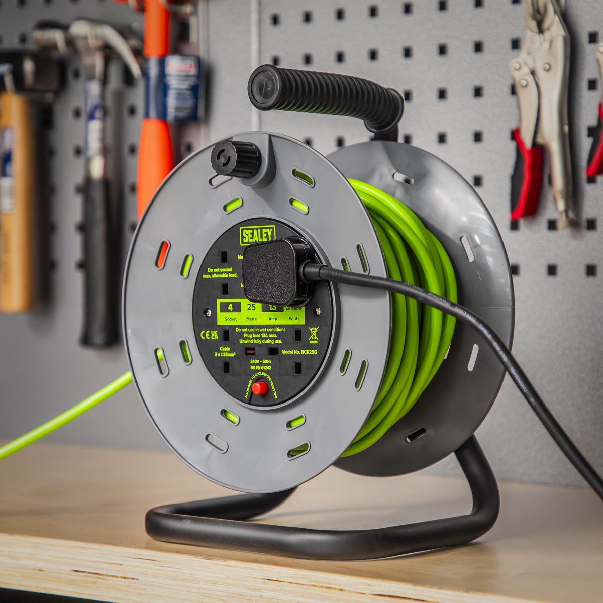Sealey Cable Reel with Thermal Trip 4 x 230V Sockets 25m - Green