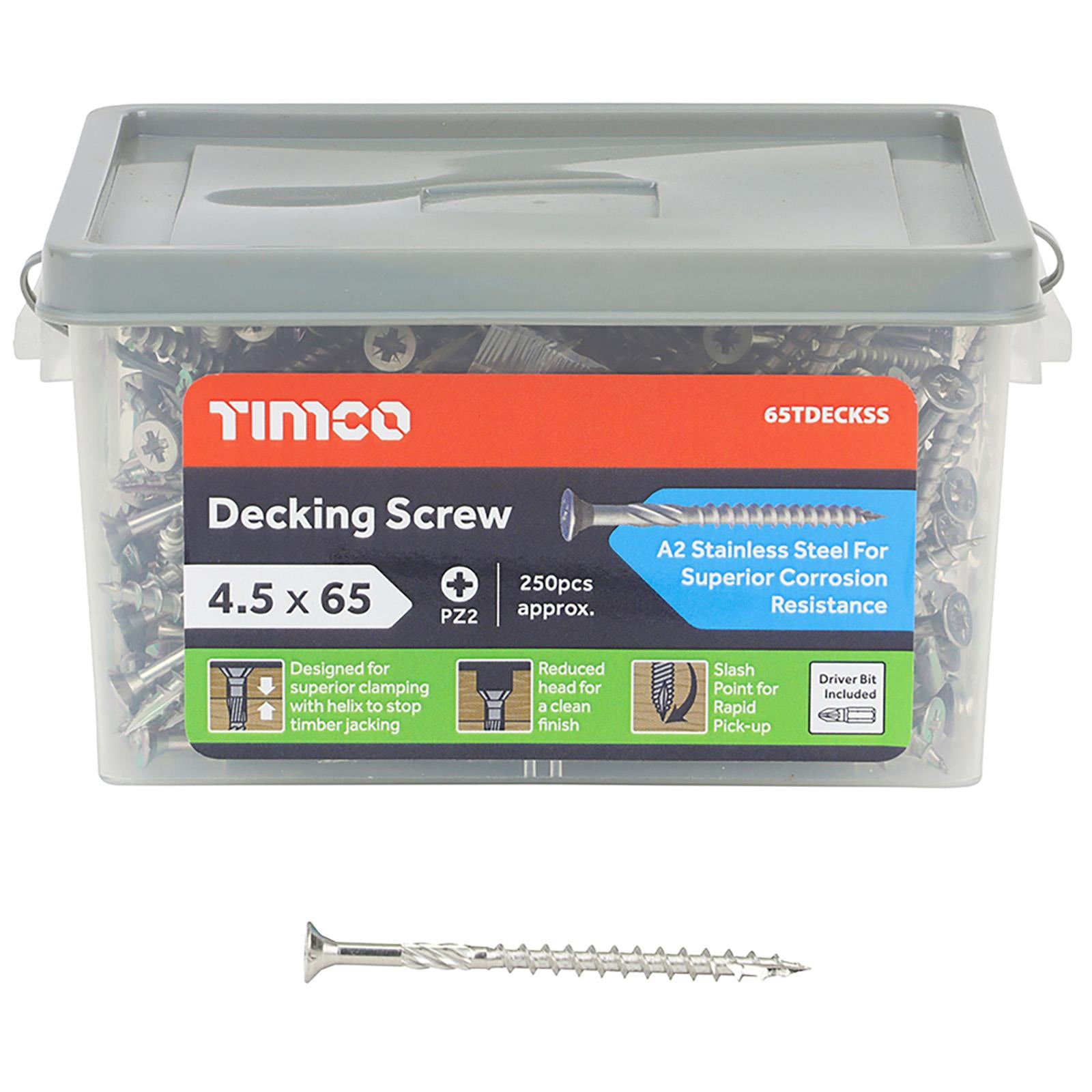 TIMCO Decking Screw Double Countersunk A2 Stainless Steel 250 Screws Tub Pozi PZ2 - Choose Size