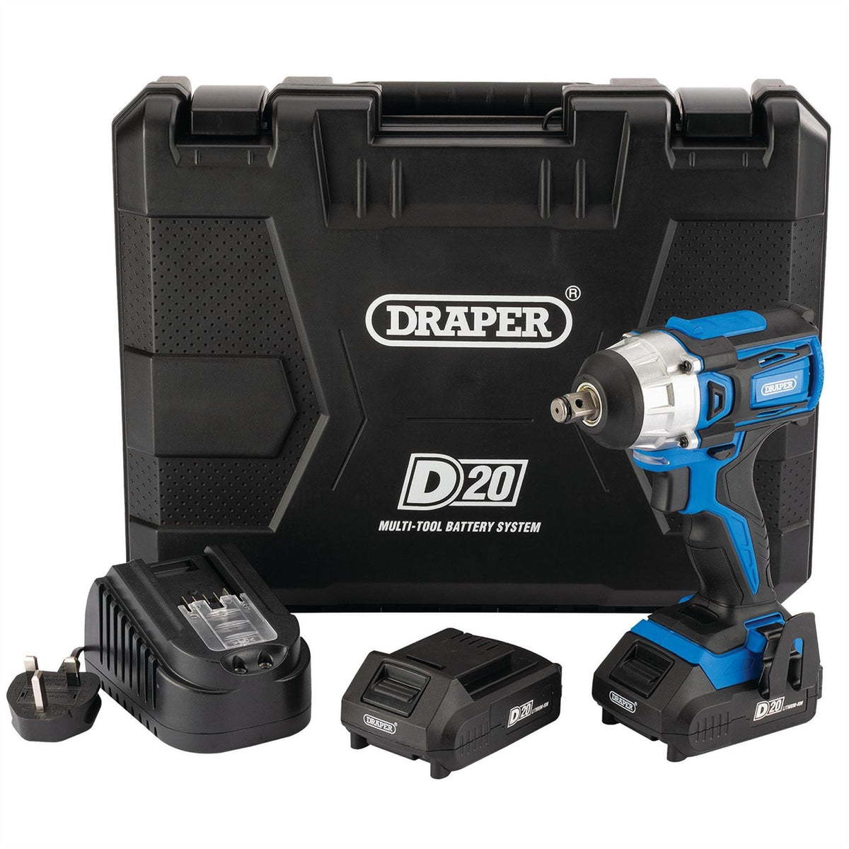 Draper D20 20V Brushless Impact Wrench 1/2" Sq. Dr. 250Nm 2 x 2.0Ah Batteries 1 x Charger 55343  White Rose Tools