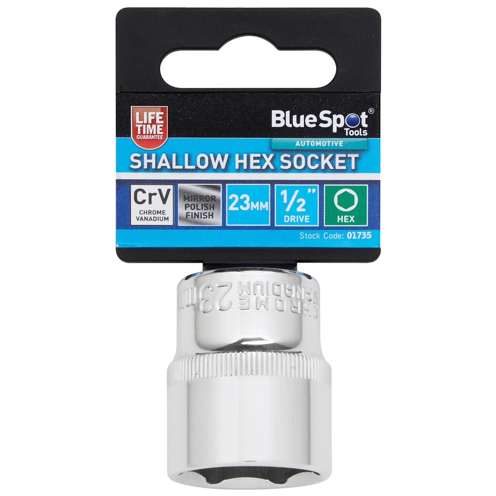 BlueSpot Shallow Socket 1/2" Drive 6 Point Hex Chrome Individual 8-32mm - Choose Size  White Rose Tools