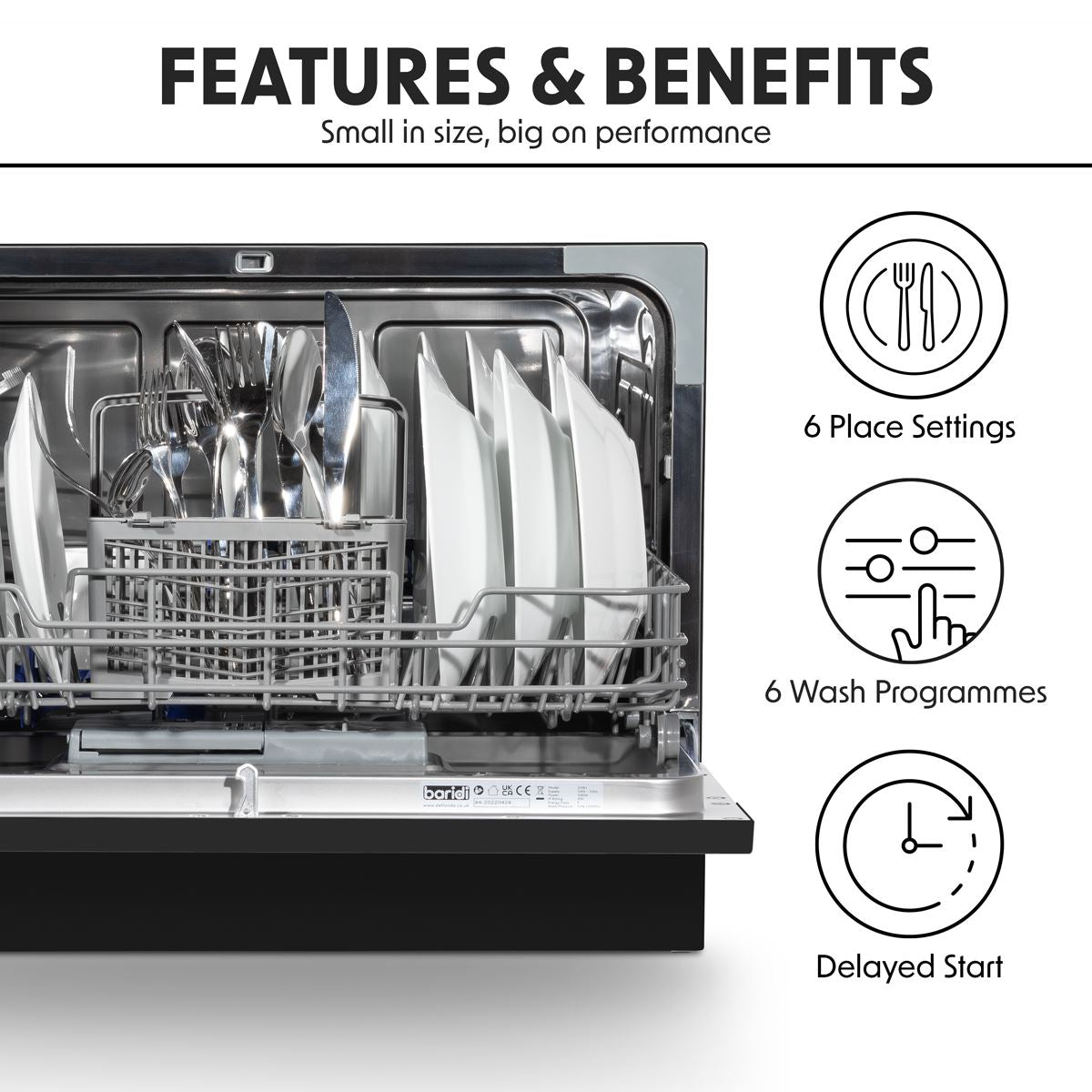 Baridi Compact Tabletop Dishwasher 6 Place Settings, 6 Programmes, Low Noise, 6.5L Cycle, Start Delay - Black