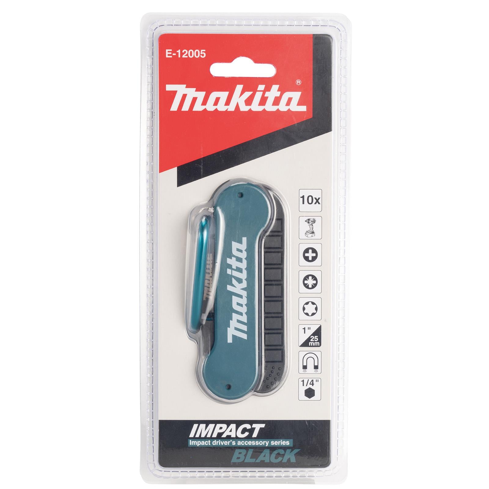 Makita Screwdriver Bit Set 25mm 1/4" Hex 10 Pieces IMPACT BLACK with Magnetic Bit Holder on Carabiner E-12005