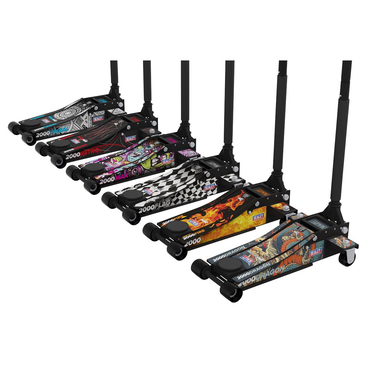 Sealey Low Entry Custom Design Trolley Jack with Rocket Lift 2 Tonne - Black  White Rose Tools