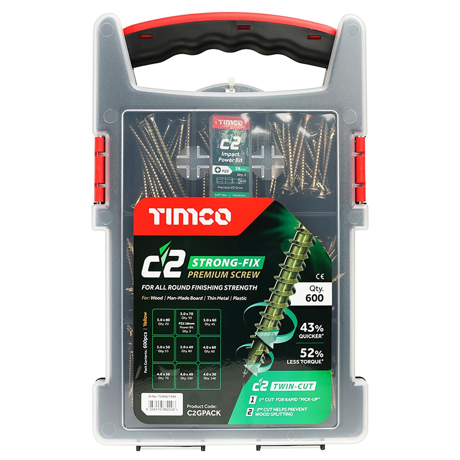 TIMCO C2 Strong Fix Pozi Grab Pack Premium Wood Screws 600 Pieces in Divider Storage Case