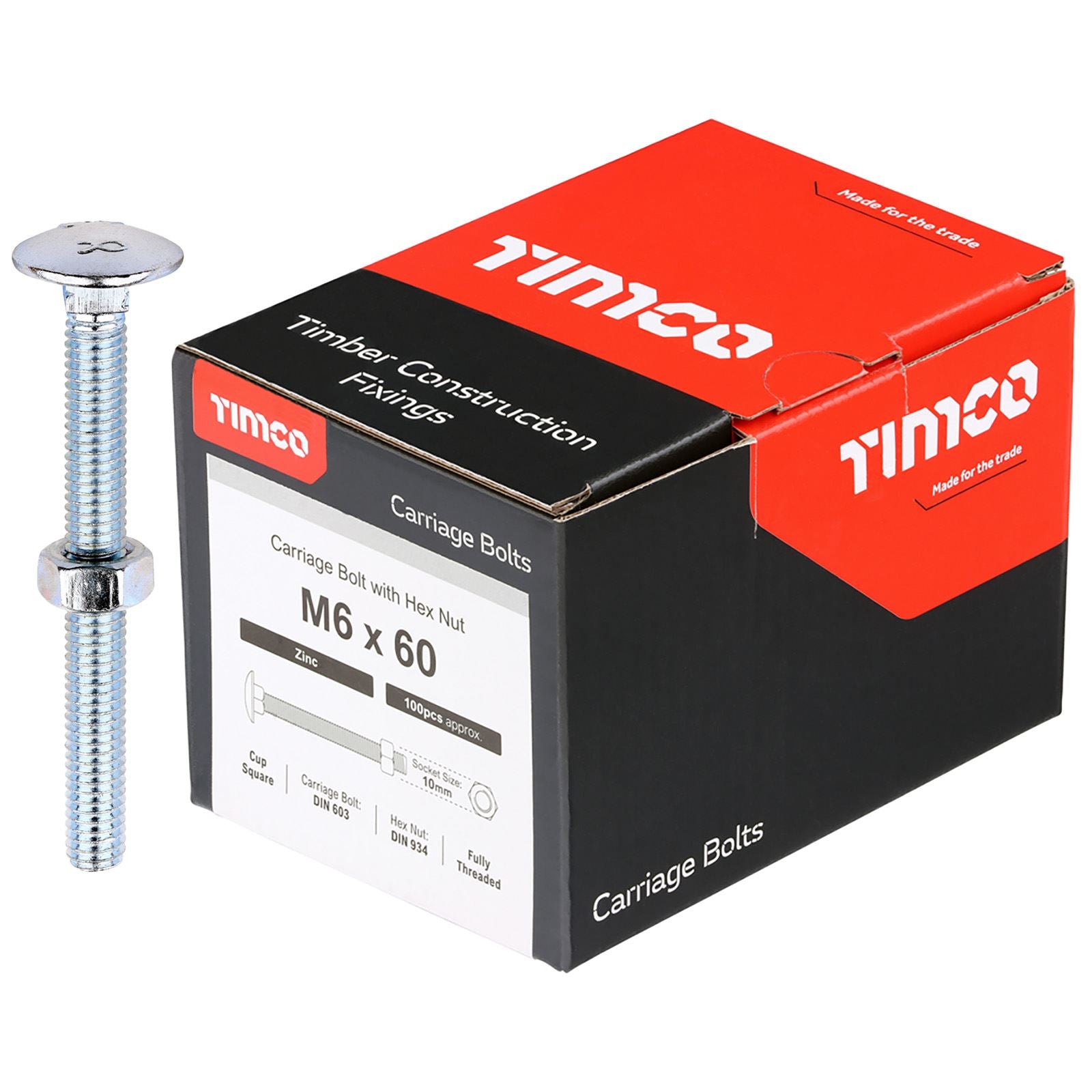 TIMCO Carriage Bolts with Hex Nuts 4.8 Grade Zinc Carbon Steel Boxed M6-M16 - Choose Size