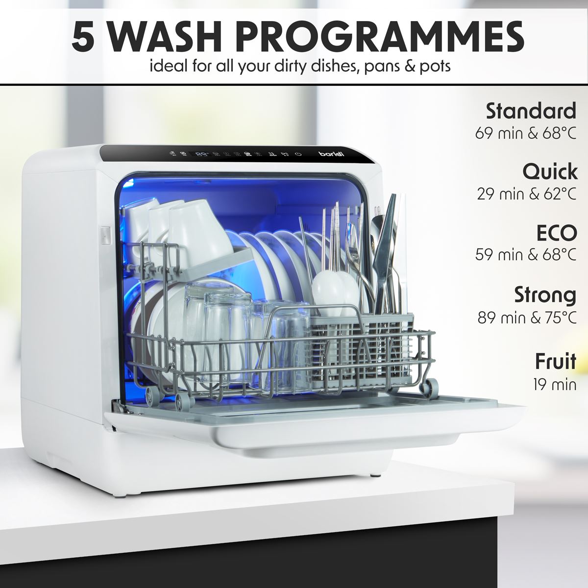 Baridi 2-4 Place Settings Mini Portable Tabletop Dishwasher, 5 Wash Functions