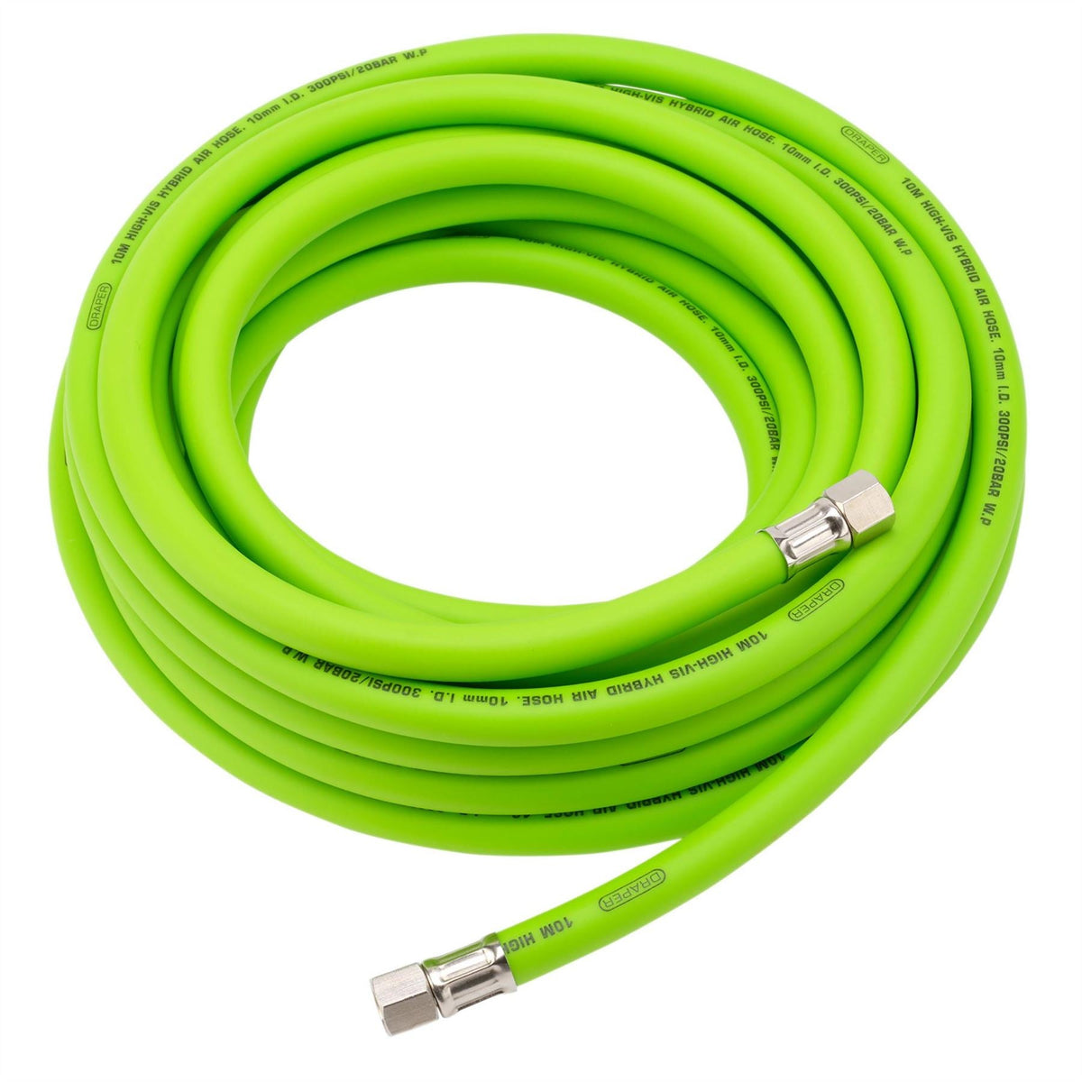 Draper High Visibility Hybrid Air Hose 10m x 10mm 1/4" BSP Green 31729  White Rose Tools
