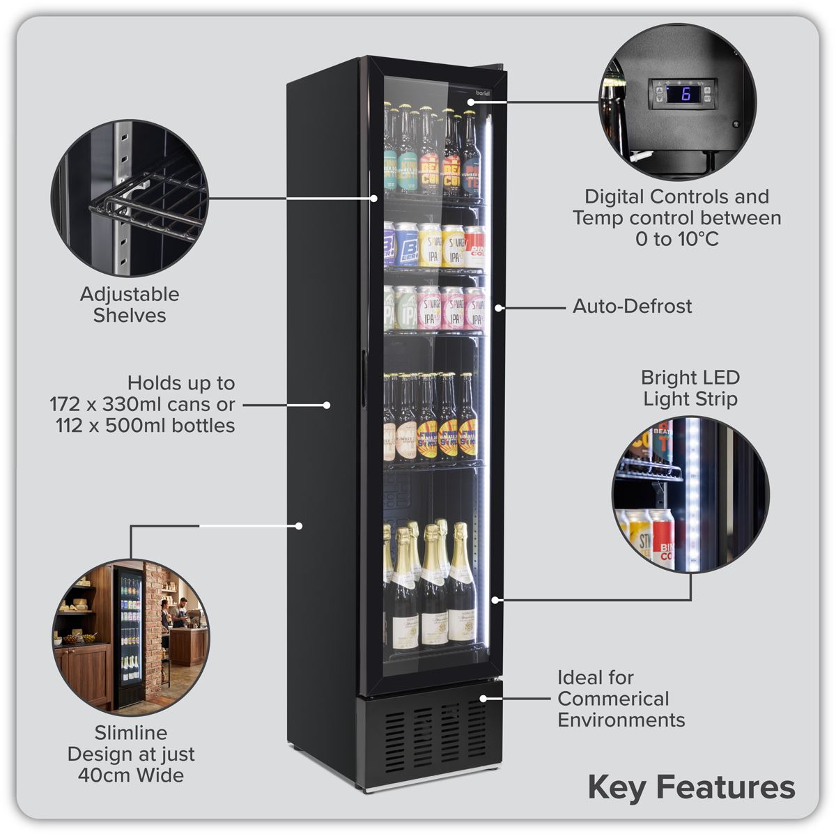 Baridi Tall Drinks/Bar Fridge with Digital Controls & Auto Defrost 160L - Black  White Rose Tools