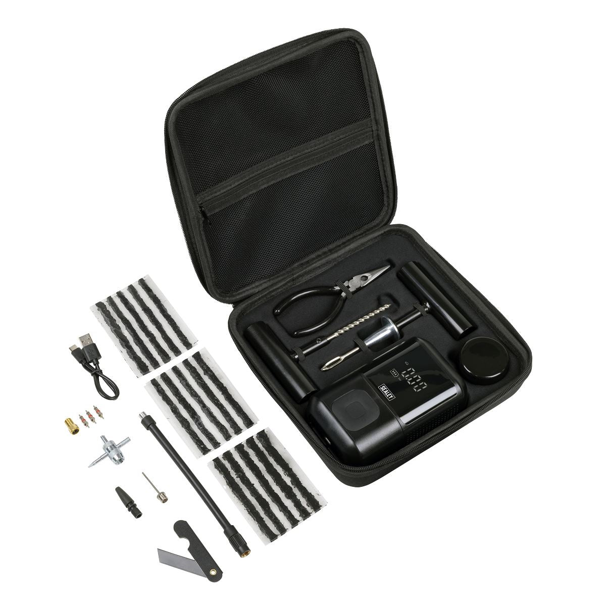 Sealey Temporary Puncture Repair Kit & Rechargeable Tyre Inflator  White Rose Tools