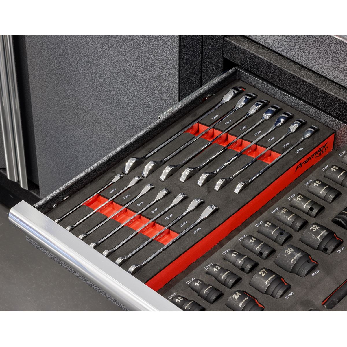 Sealey Premier Ratchet Spanner Set with Tool Tray 14pc  White Rose Tools