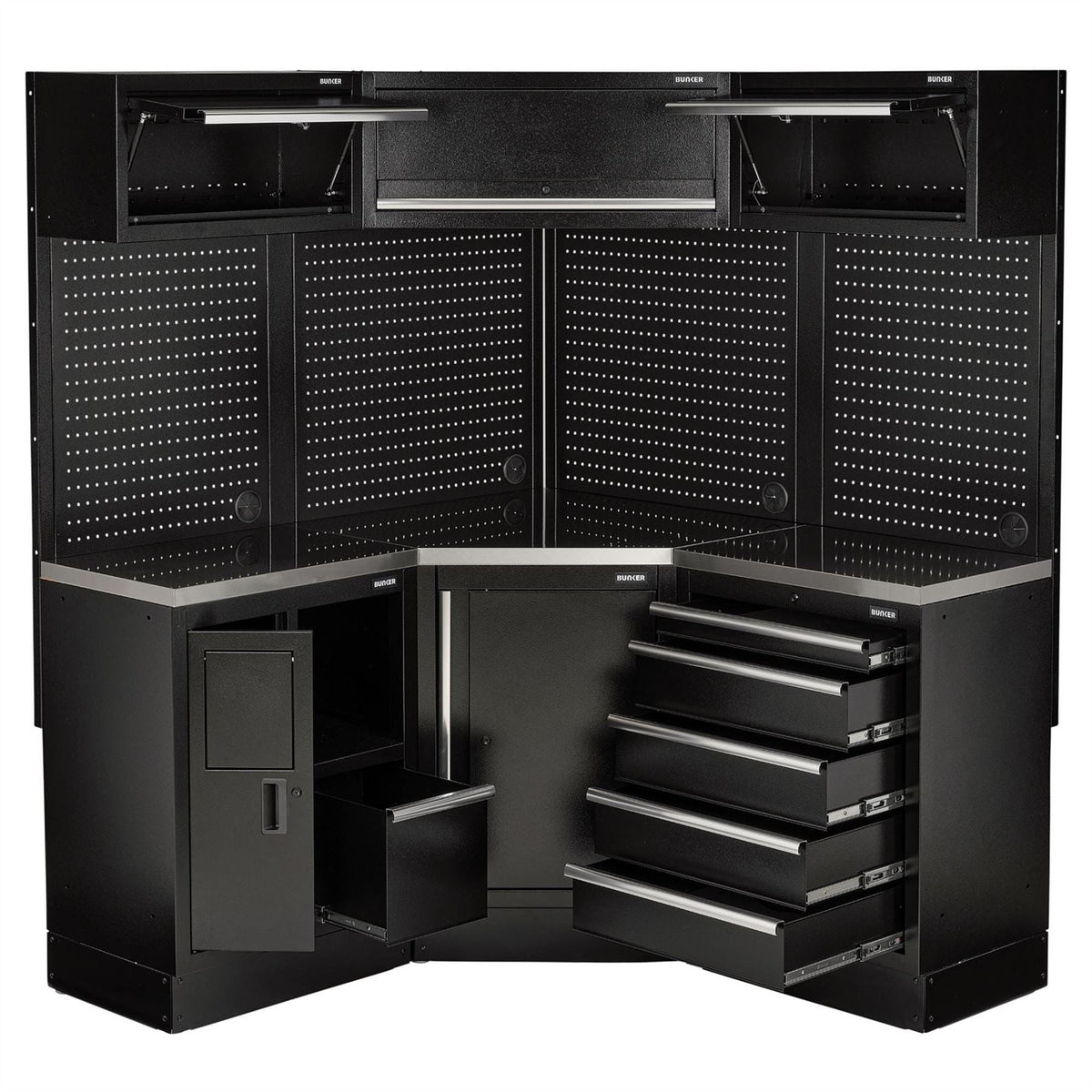BUNKER 18 Piece Modular Storage Corner Combo with Stainless Steel Worktop 3454mm 32521  White Rose Tools