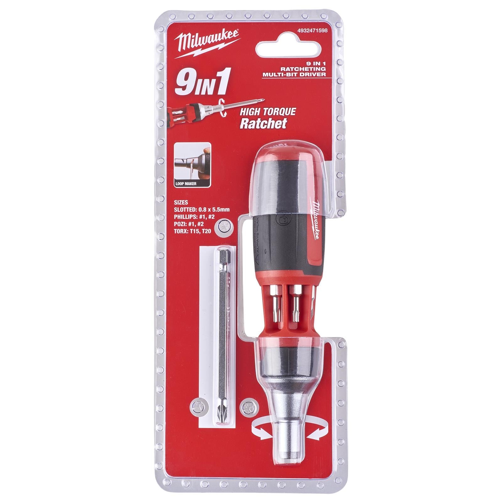 Milwaukee Ratchet Screwdriver 9 in 1 Universal Phillips Pozi Torx Slotted 
