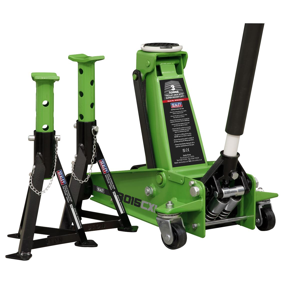 Sealey Trolley Jack with Super Rocket Lift 3 Tonne & Axle Stands (Pair) 3 Tonne Capacity per Stand - Green